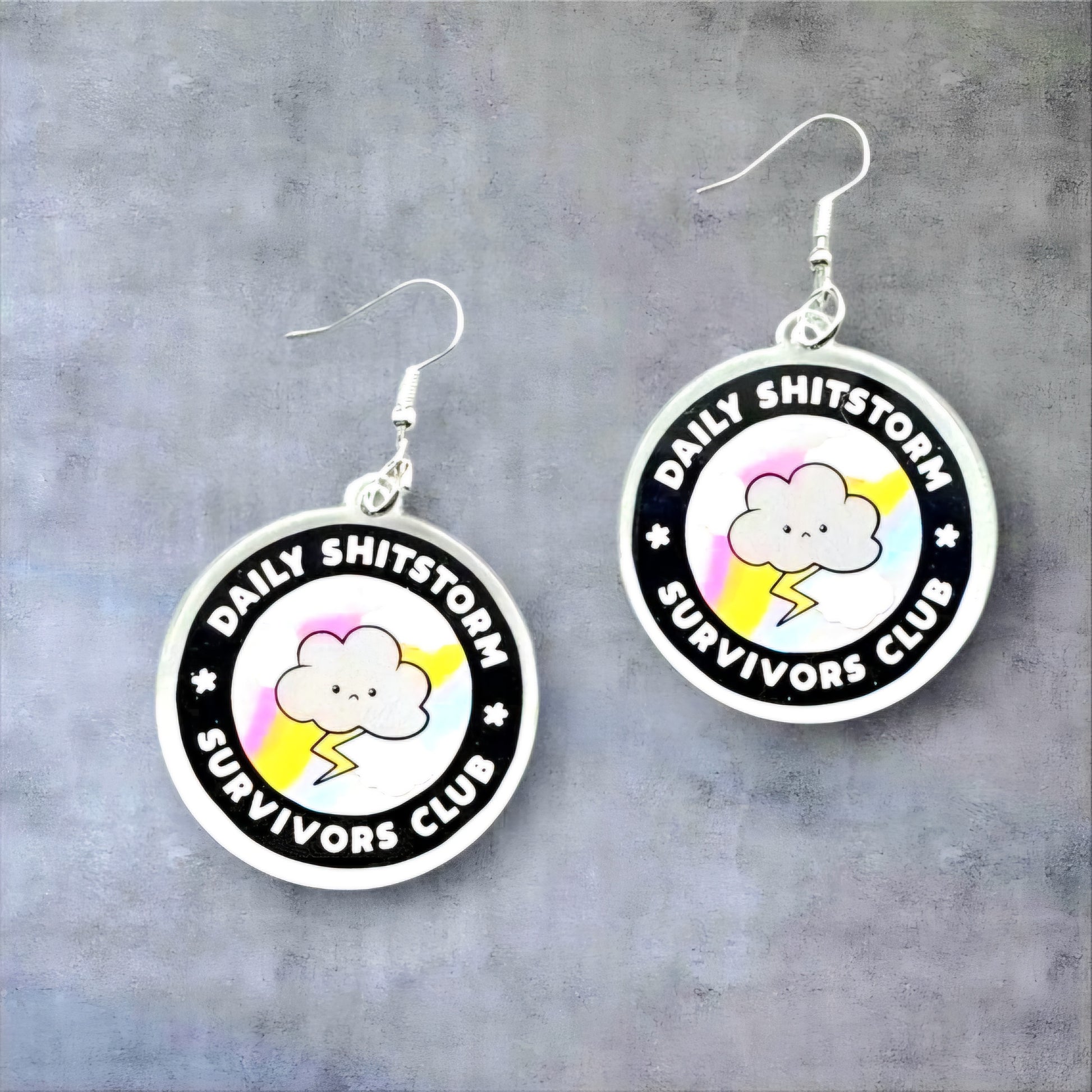 Daily Shitstorm Survivor Club Statement Earrings – Funny Cloud & Lightning Bolt Dangle Jewelry for Sassy Chaos Navigators, Anxiety Humor - Hempin' Mayhem