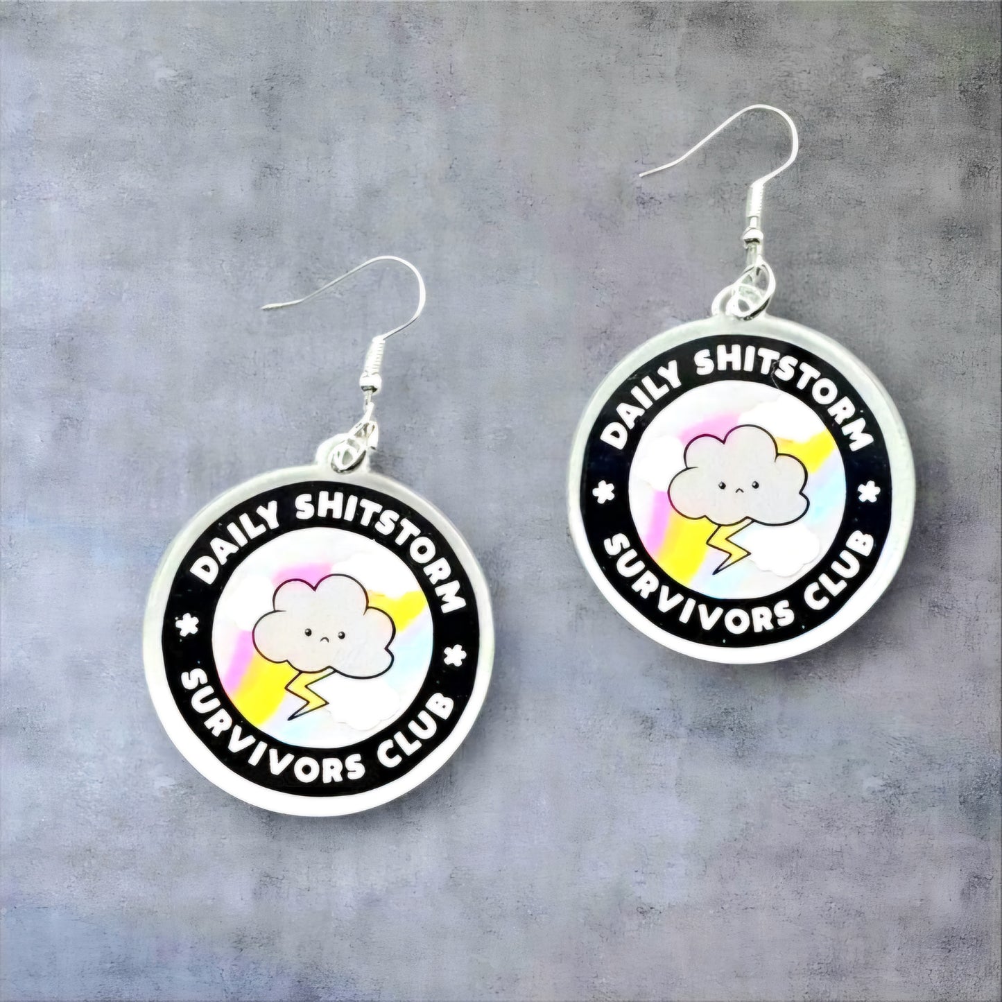 Daily Shitstorm Survivor Club Statement Earrings – Funny Cloud & Lightning Bolt Dangle Jewelry for Sassy Chaos Navigators, Anxiety Humor - Hempin' Mayhem