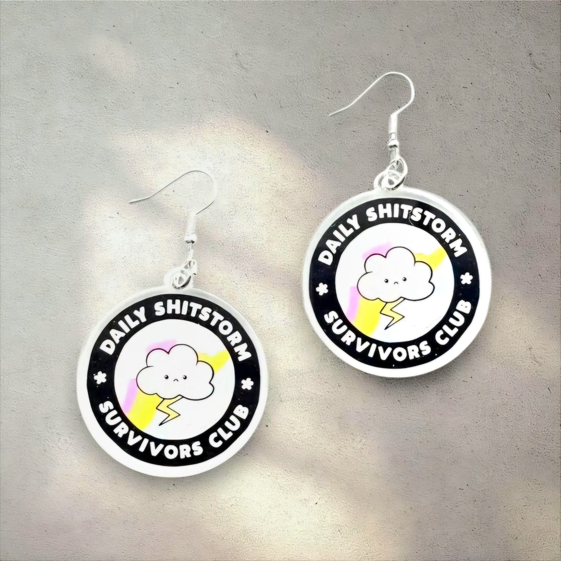 Daily Shitstorm Survivor Club Statement Earrings – Funny Cloud & Lightning Bolt Dangle Jewelry for Sassy Chaos Navigators, Anxiety Humor - Hempin' Mayhem