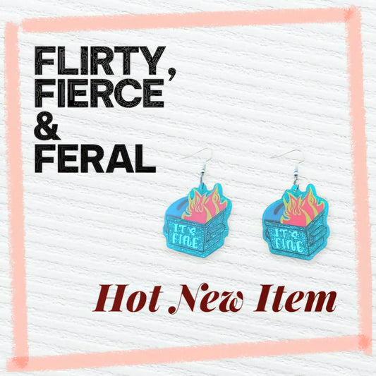 Glittery Blue Dumpster Fire Dangle Earrings – “I’m Fine” – Because Chaos Looks Better with Sparkle - Hempin' Mayhem