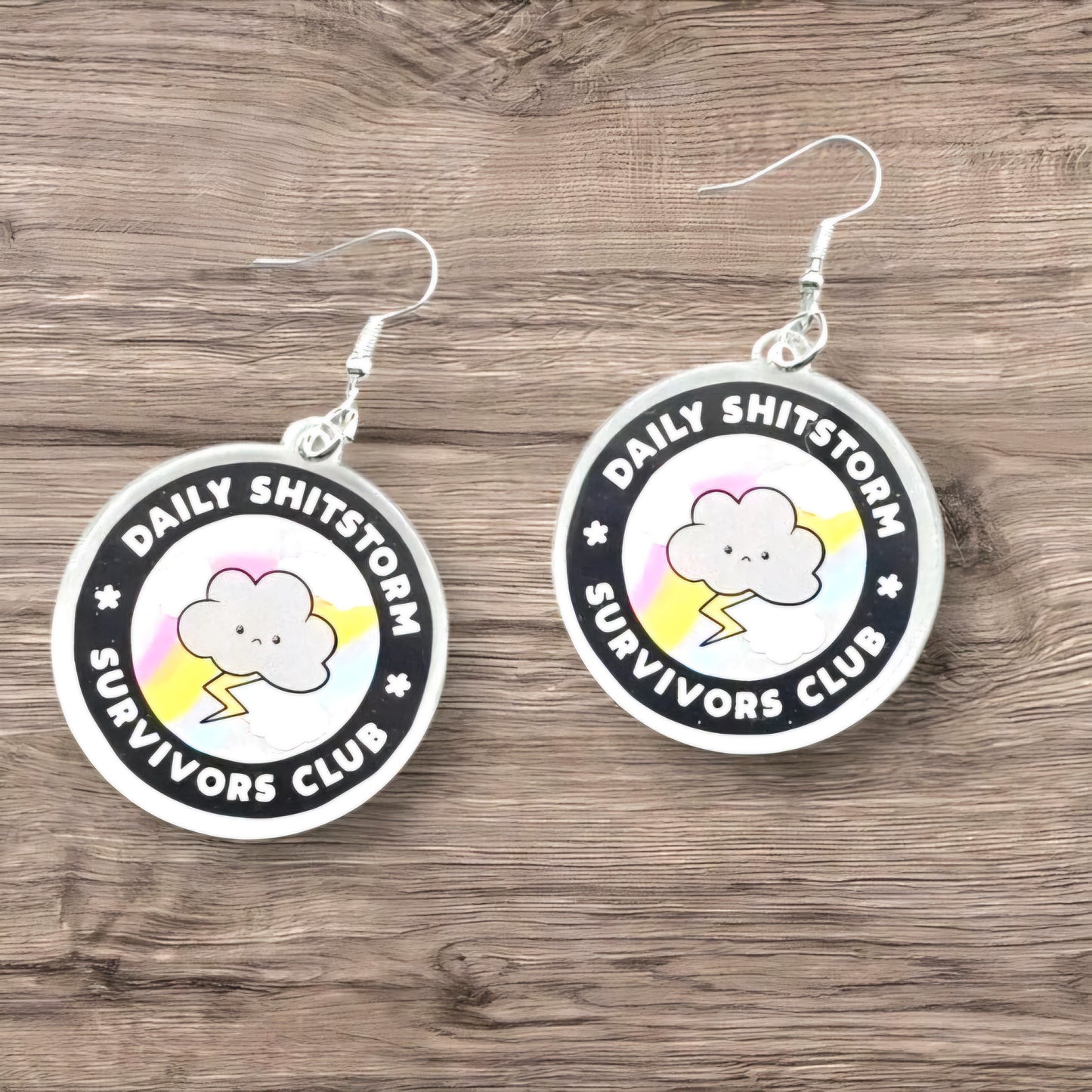 Daily Shitstorm Survivor Club Statement Earrings – Funny Cloud & Lightning Bolt Dangle Jewelry for Sassy Chaos Navigators, Anxiety Humor - Hempin' Mayhem