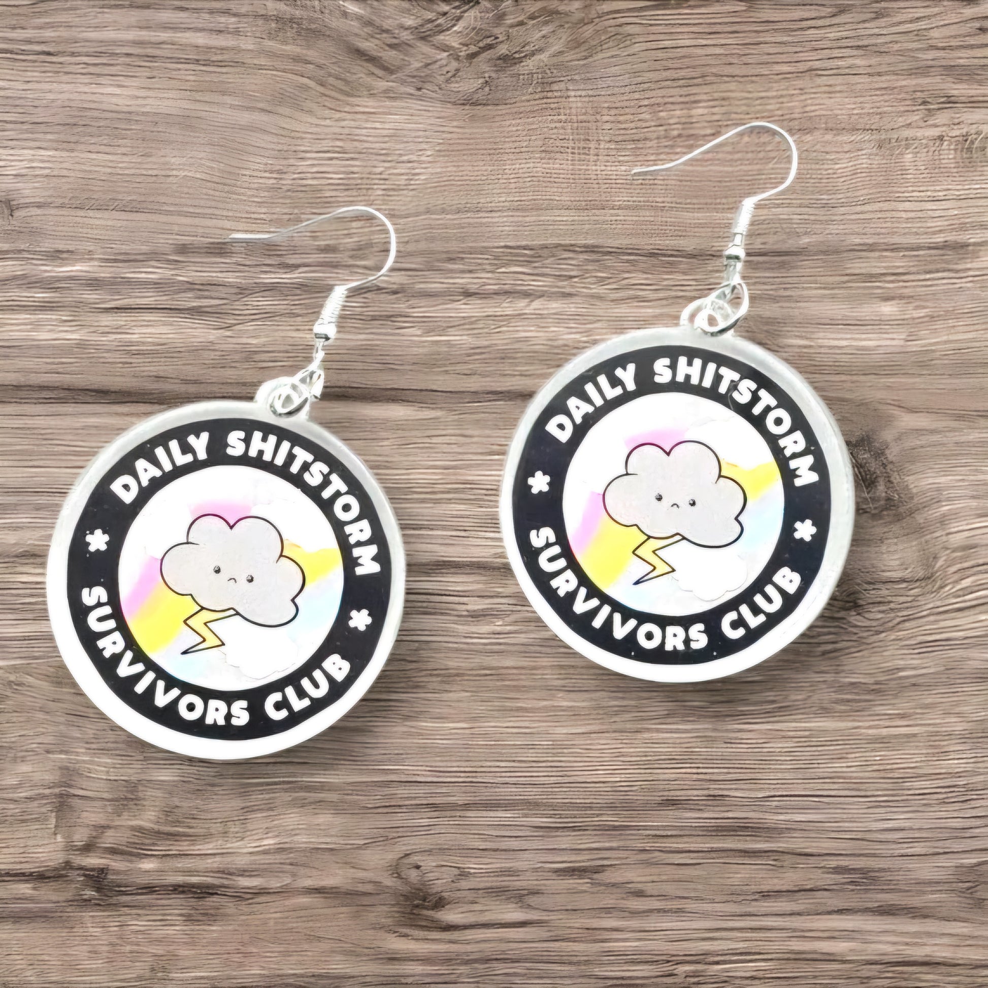 Daily Shitstorm Survivor Club Statement Earrings – Funny Cloud & Lightning Bolt Dangle Jewelry for Sassy Chaos Navigators, Anxiety Humor - Hempin' Mayhem