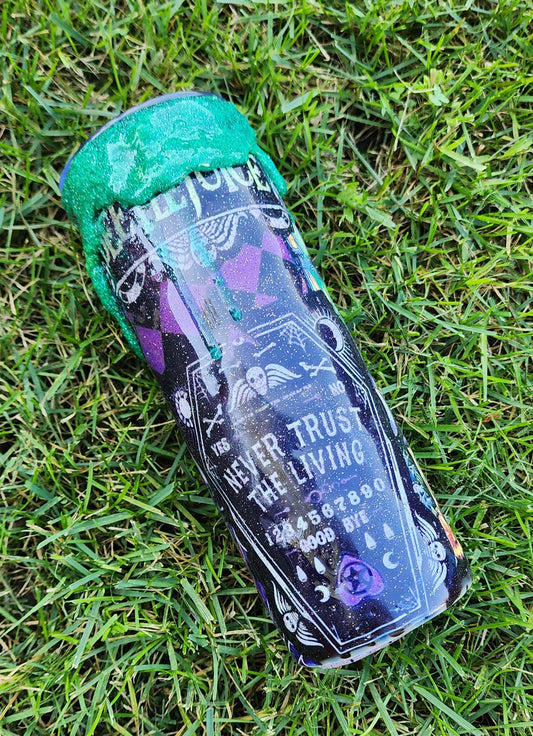 Never Trust the Living Beetlejuice Tumbler – 20oz Spooky Epoxy Drip Cup | Handmade Halloween Horror Drinkware