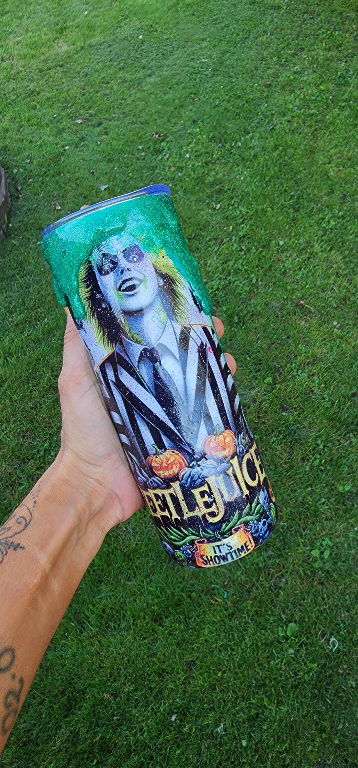 Never Trust the Living Beetlejuice Tumbler – 20oz Spooky Epoxy Drip Cup | Handmade Halloween Horror Drinkware