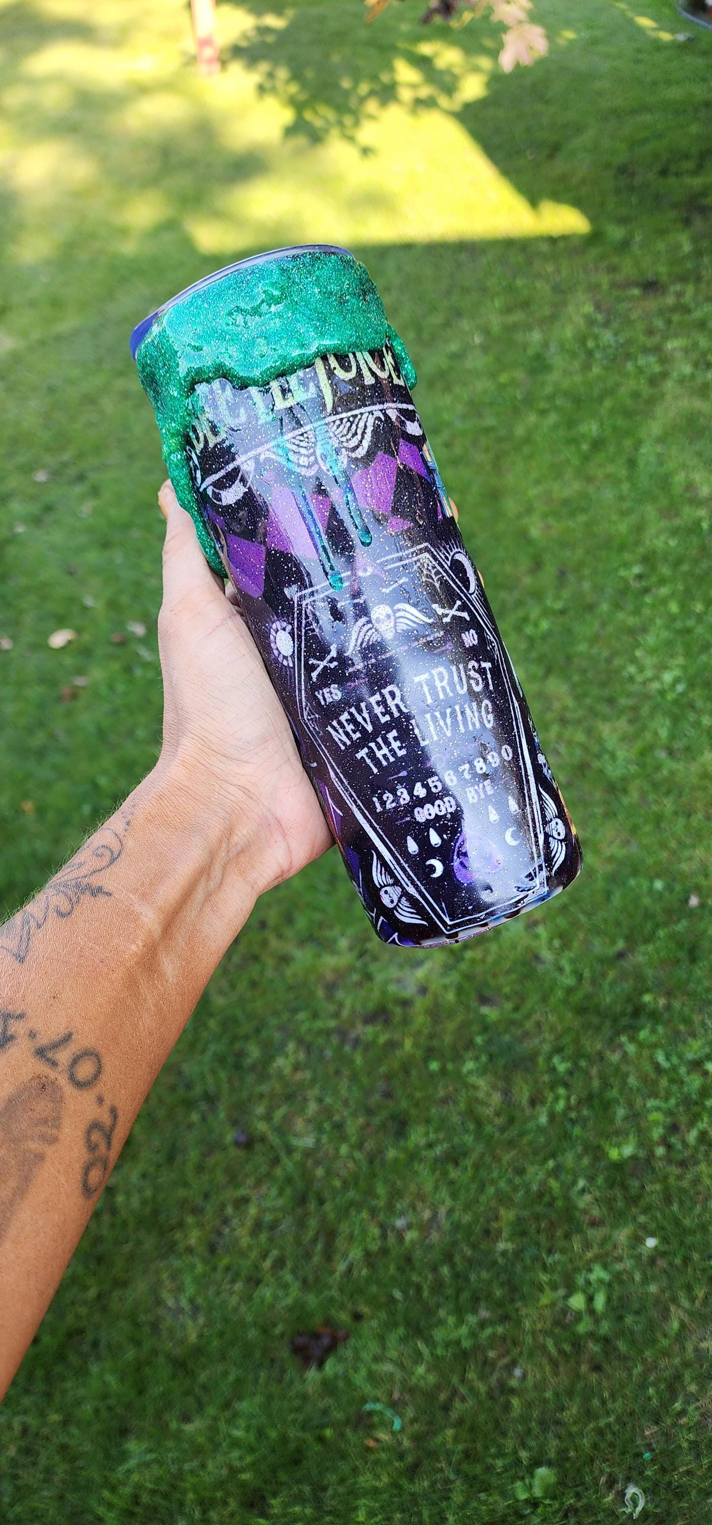 Never Trust the Living Beetlejuice Tumbler – 20oz Spooky Epoxy Drip Cup | Handmade Halloween Horror Drinkware