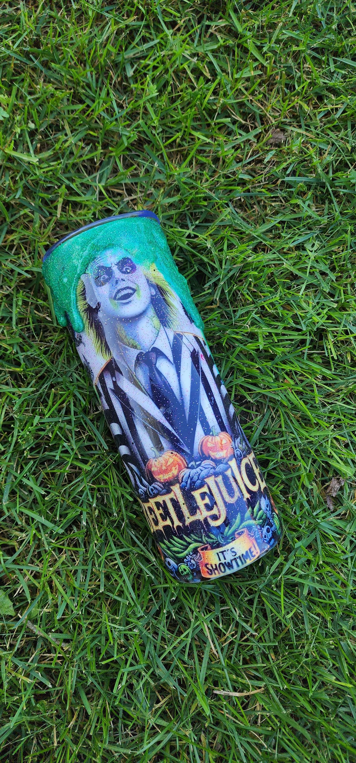 Never Trust the Living Beetlejuice Tumbler – 20oz Spooky Epoxy Drip Cup | Handmade Halloween Horror Drinkware