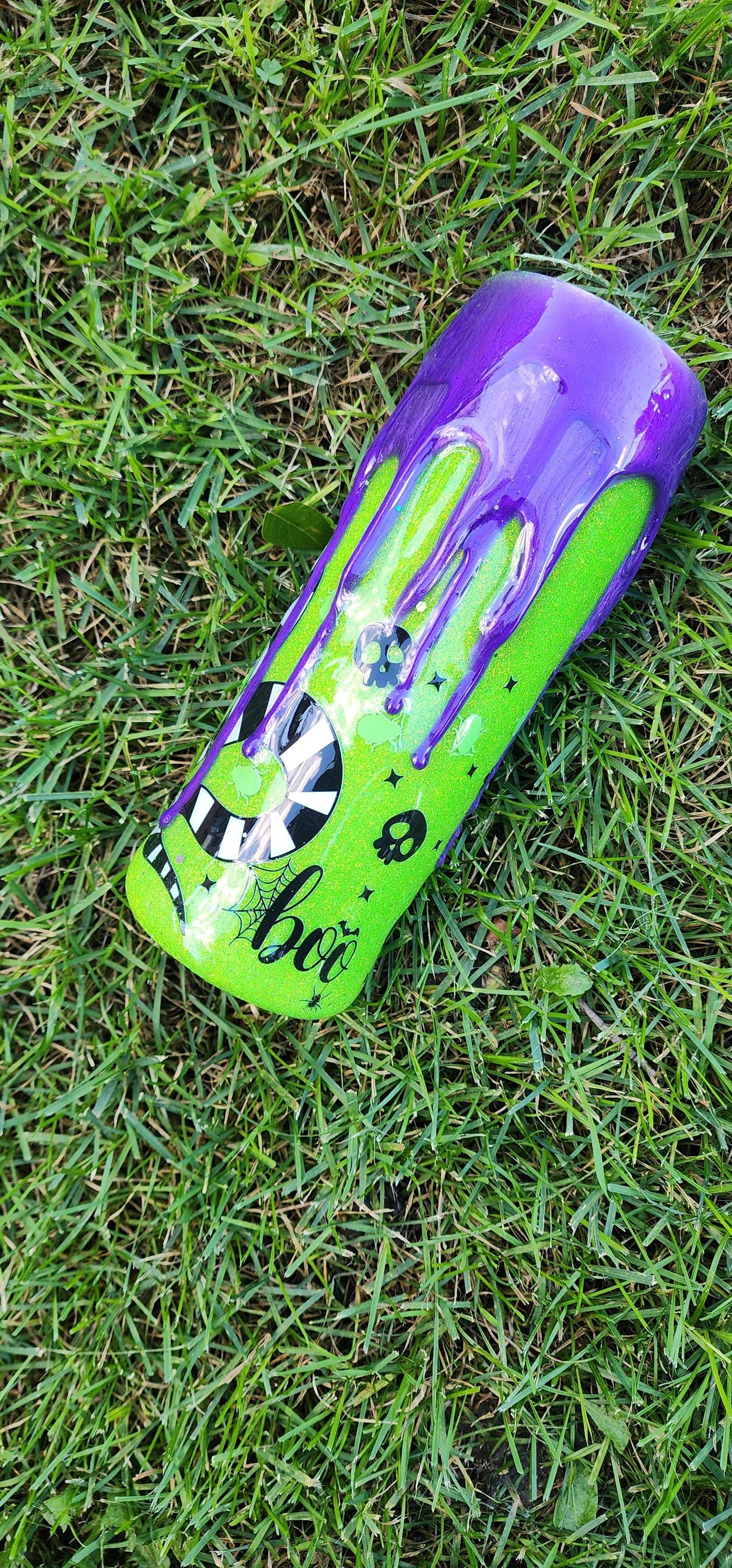 Beetlejuice Epoxy Drip Tumbler – Neon Green & Purple Creepy Cute Horror Cup | Handmade Halloween Drinkware and Spooky Movie Fan Gift