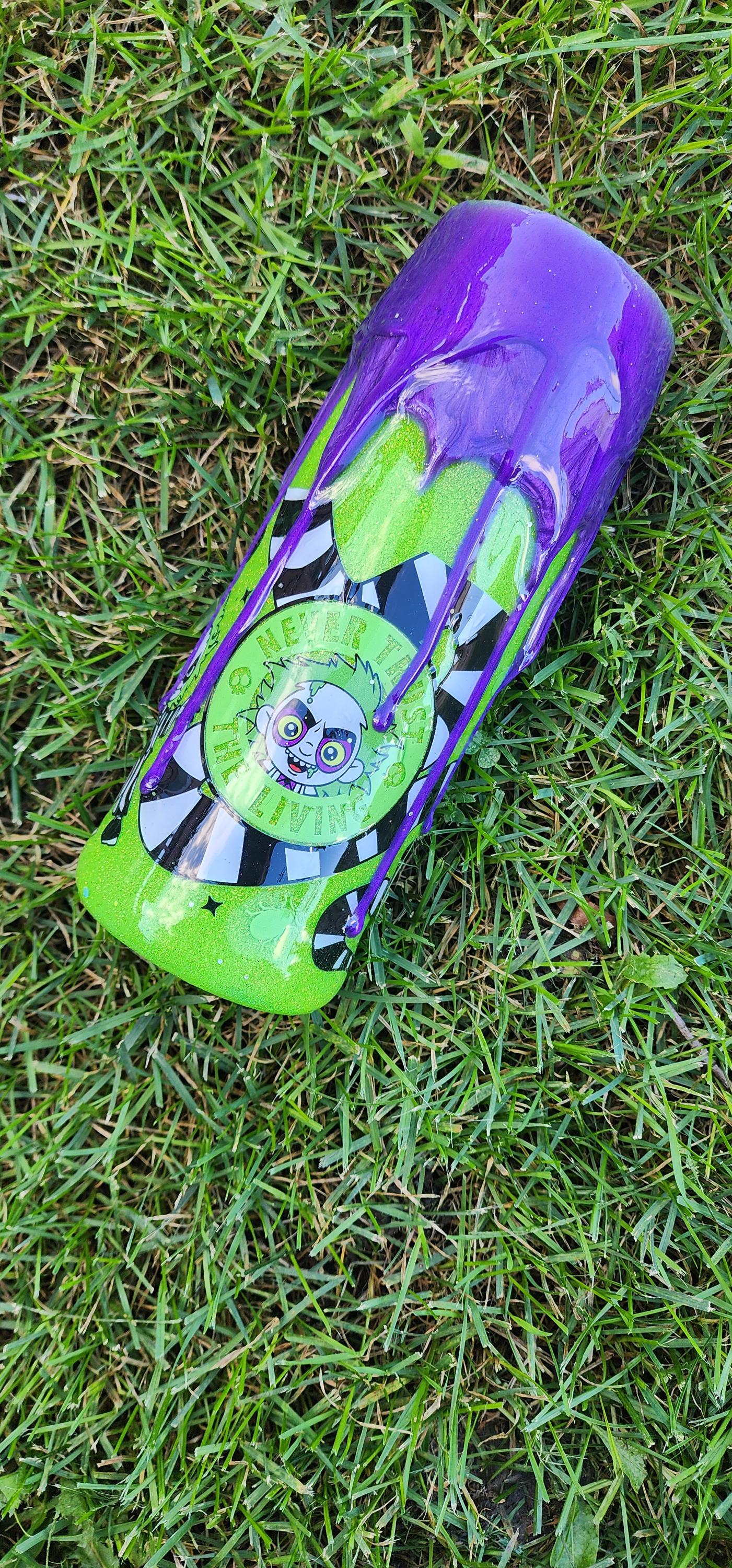 Beetlejuice Epoxy Drip Tumbler – Neon Green & Purple Creepy Cute Horror Cup | Handmade Halloween Drinkware and Spooky Movie Fan Gift