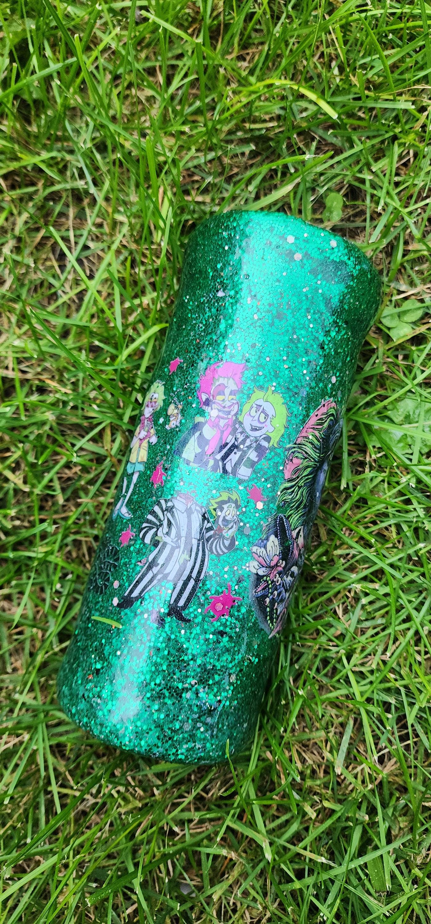 Beetlejuice Tumbler: Neon Green Glitter Drip, Spooky Stainless Steel Cup