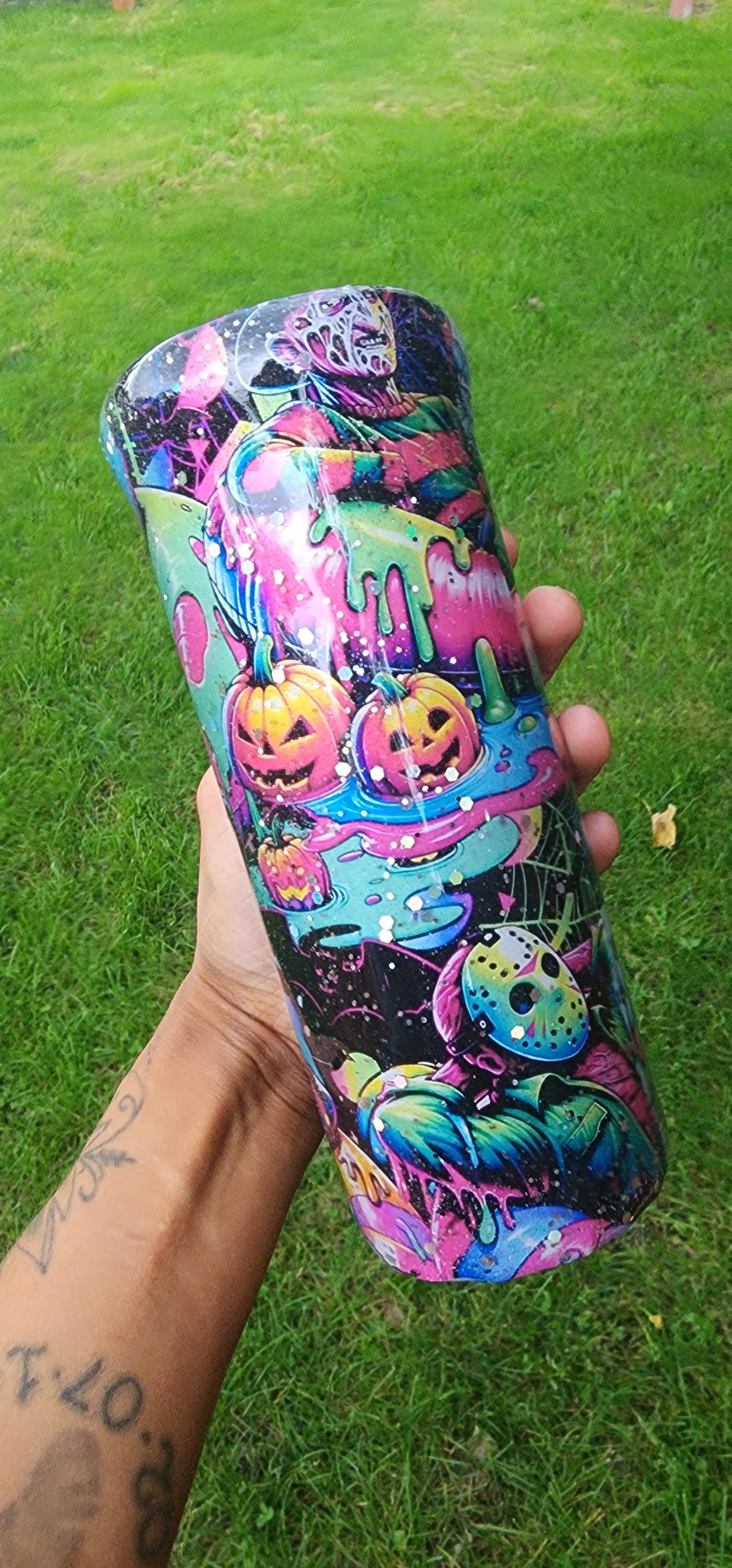 Neon Summerween Horror Epoxy Drip Tumbler – Spooky Glow-in-the-Dark Stainless Steel Cup, Creepy-Cute Movie-Inspired Drinkware