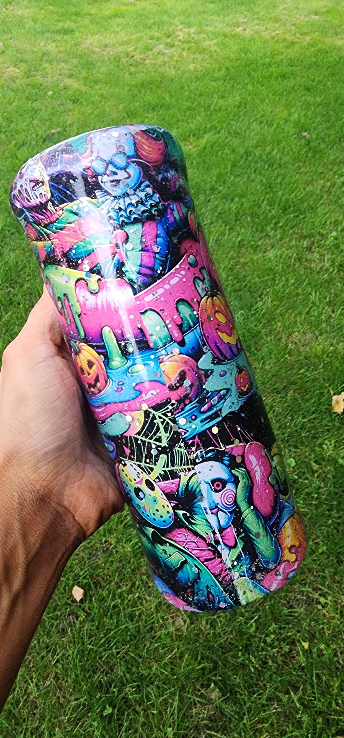 Neon Summerween Horror Epoxy Drip Tumbler – Spooky Glow-in-the-Dark Stainless Steel Cup, Creepy-Cute Movie-Inspired Drinkware