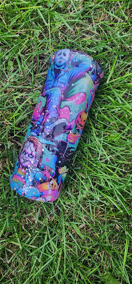 Neon Summerween Horror Epoxy Drip Tumbler – Spooky Glow-in-the-Dark Stainless Steel Cup, Creepy-Cute Movie-Inspired Drinkware