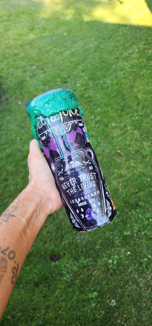Never Trust the Living Beetlejuice Tumbler – 20oz Spooky Epoxy Drip Cup | Handmade Halloween Horror Drinkware