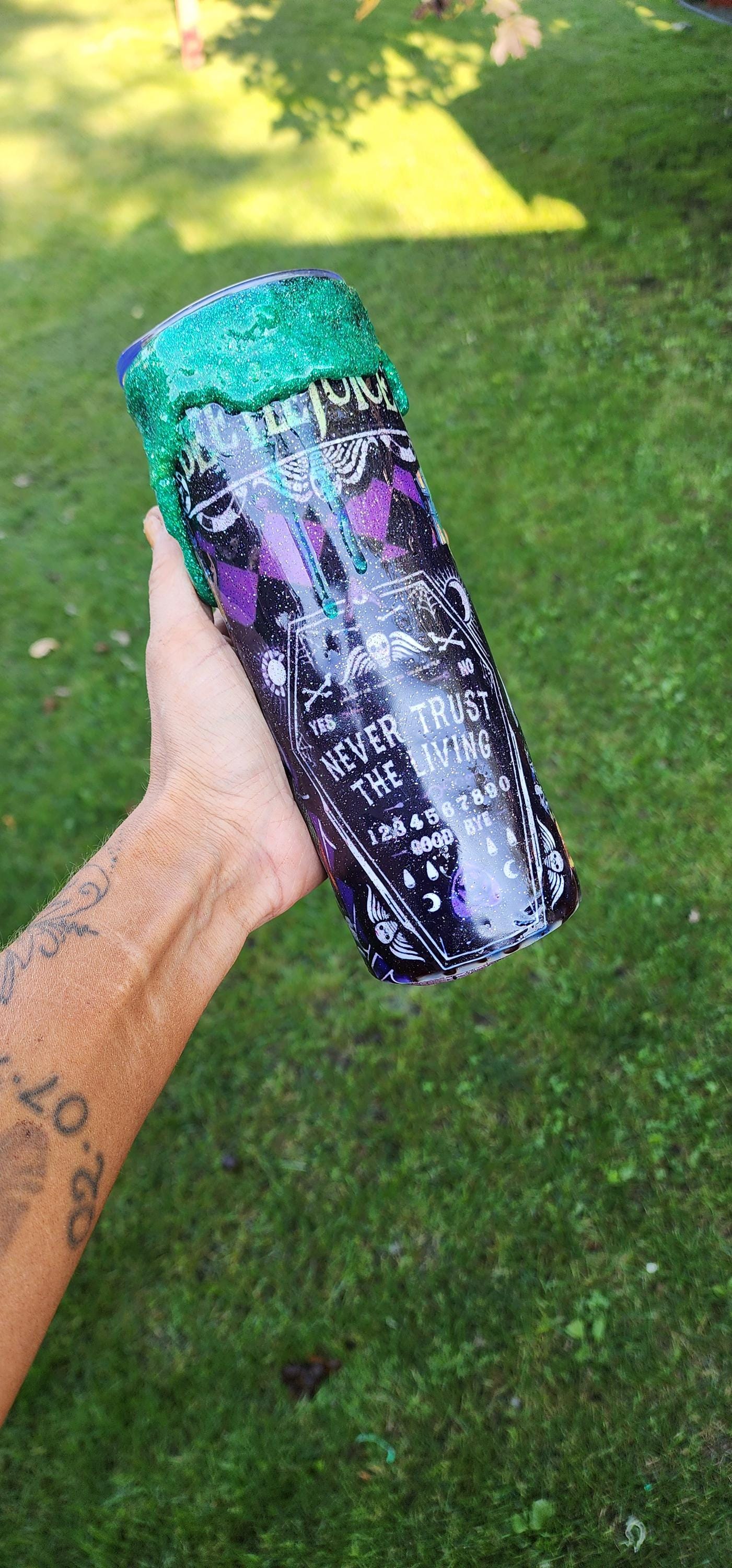 Never Trust the Living Beetlejuice Tumbler – 20oz Spooky Epoxy Drip Cup | Handmade Halloween Horror Drinkware