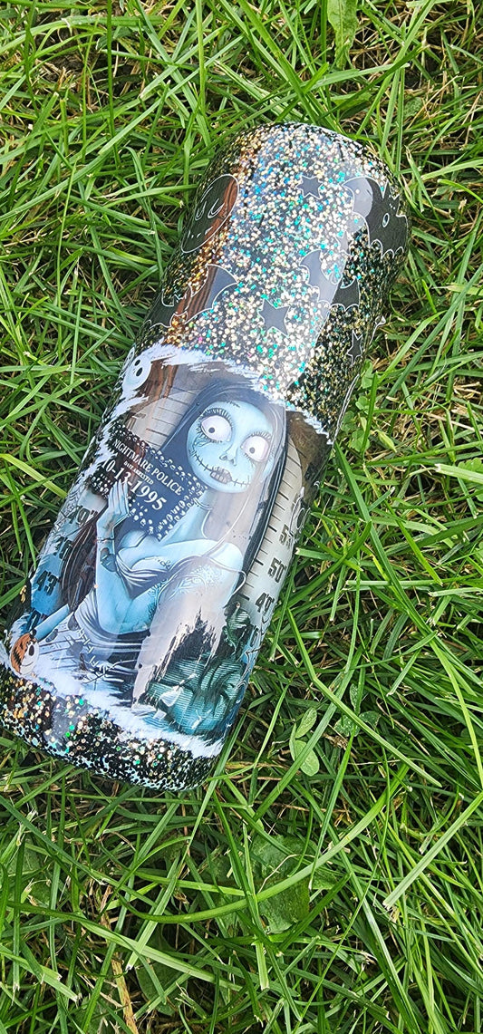 Jack & Sally Mugshot Tumbler: Spooky Glitter Nightmare Before Christmas Cup