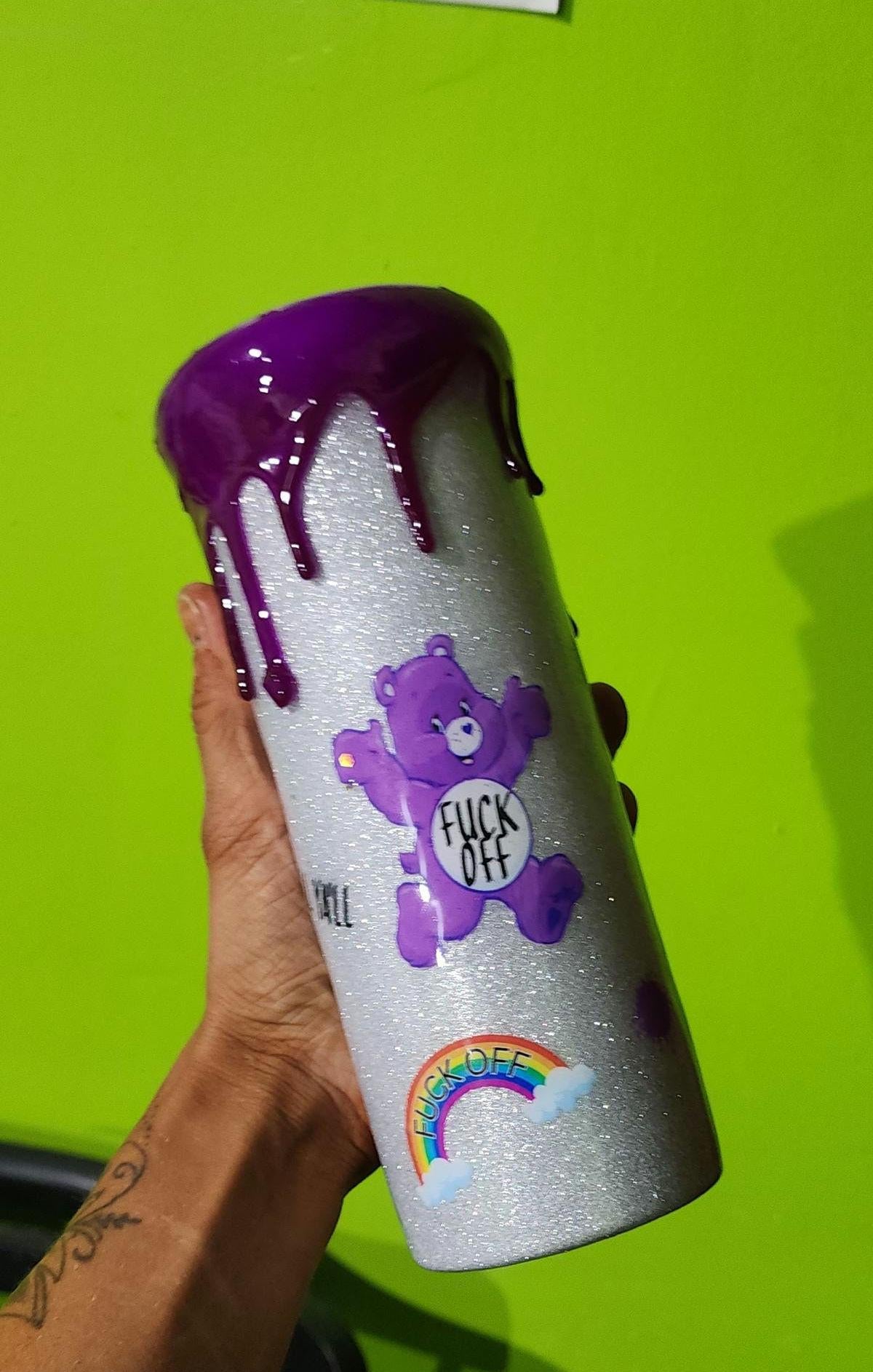 Purple Swear Bear Epoxy Tumbler: Snarky Glitter "Fuck Off" Cup