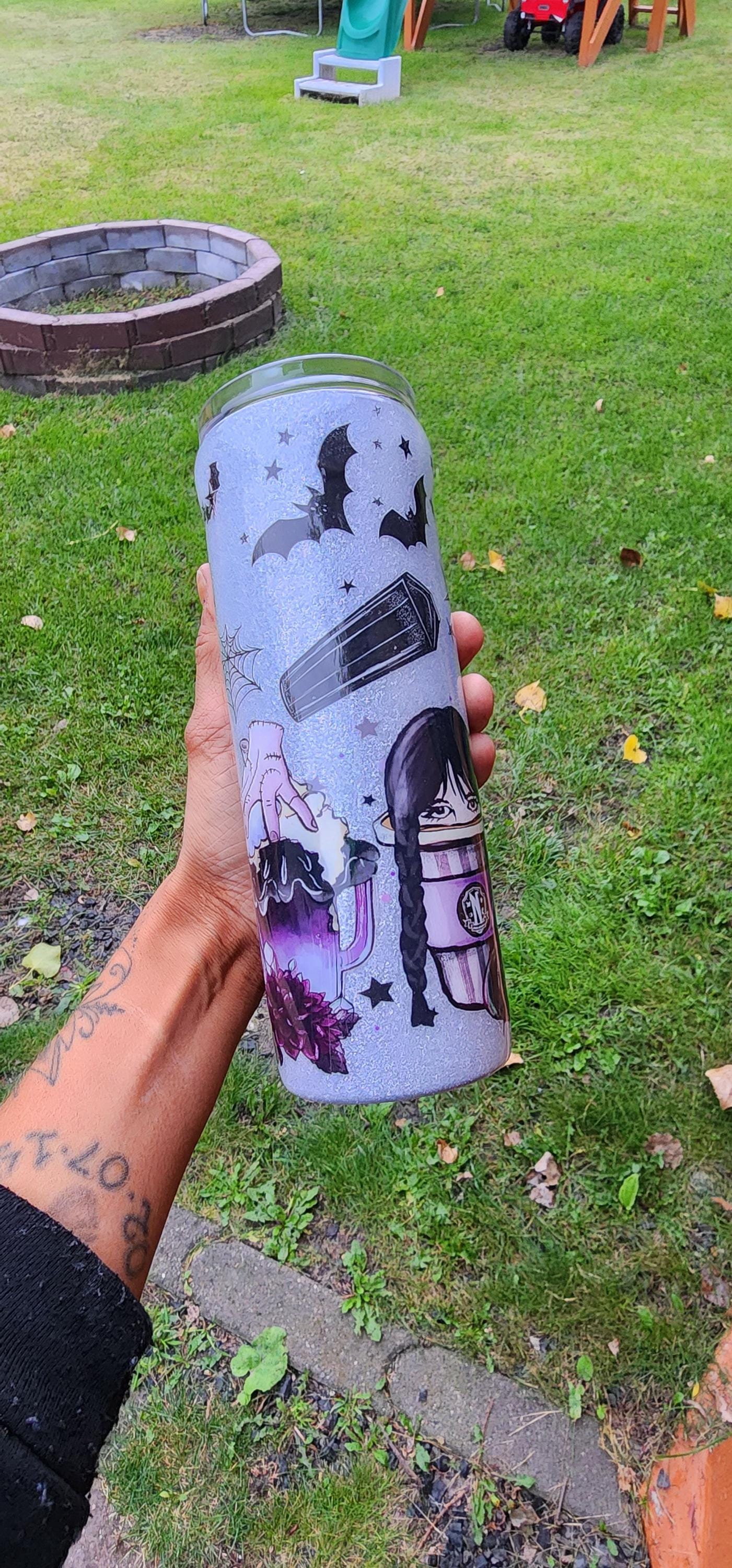Wednesday Addams Glitter Tumbler – Dark Goth Coffee Mug, Spooky Sassy Halloween Cup
