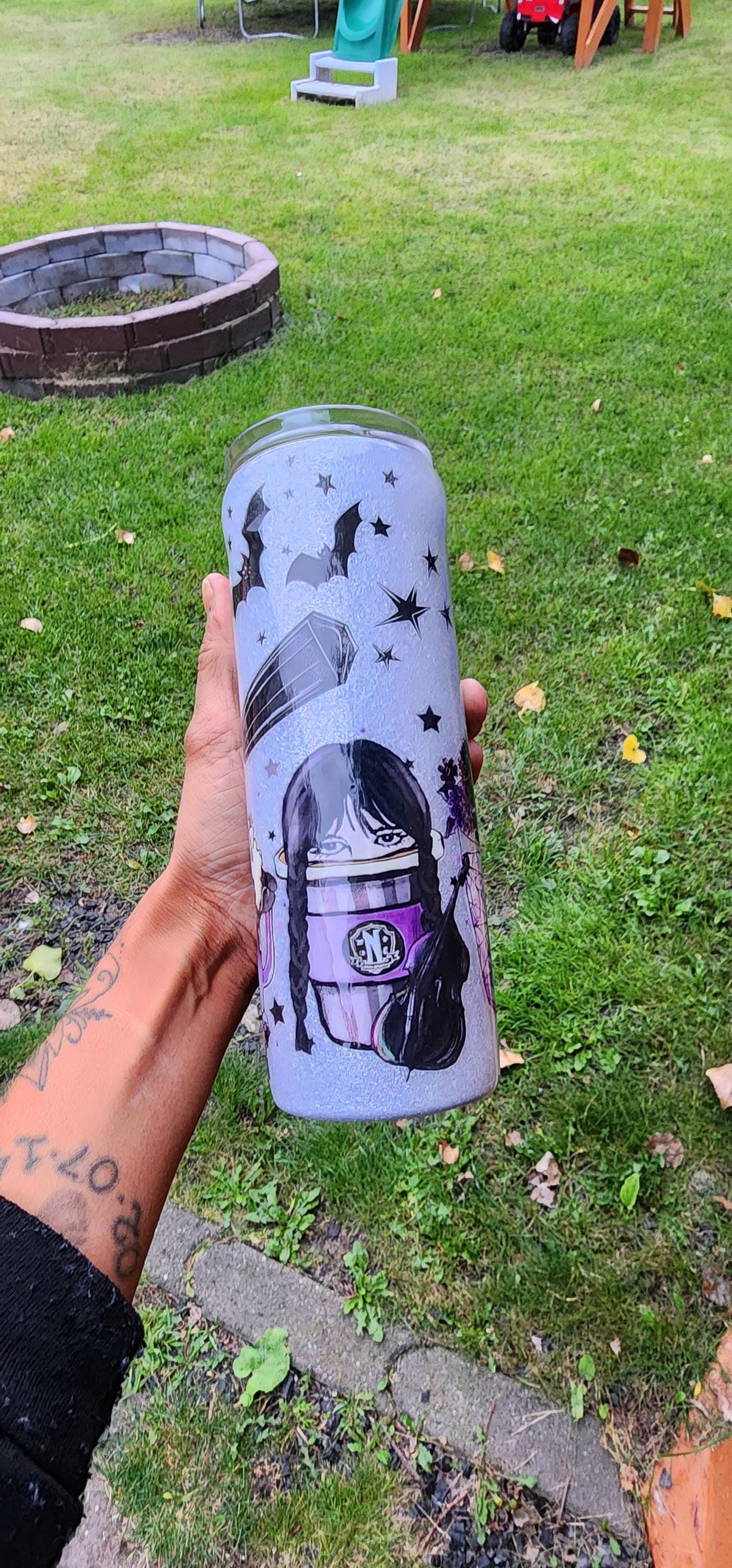 Wednesday Addams Glitter Tumbler – Dark Goth Coffee Mug, Spooky Sassy Halloween Cup