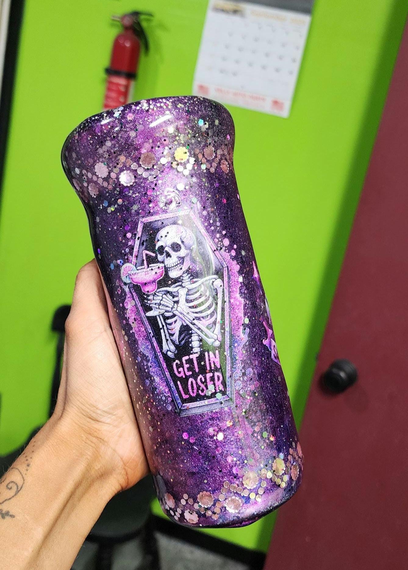 Purple Glitter Skeleton Tumbler: Spooky Goth Drinkware