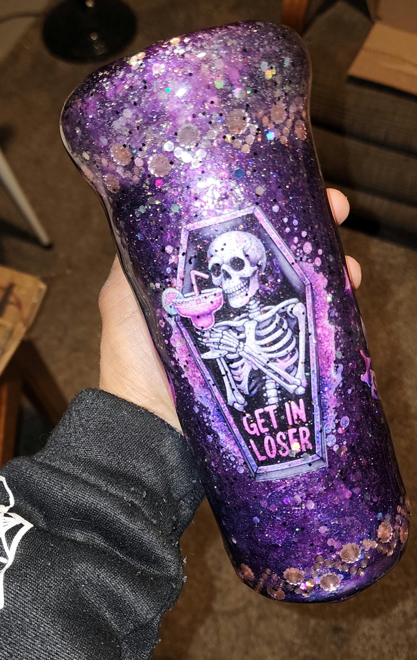 Purple Glitter Skeleton Tumbler: Spooky Goth Drinkware