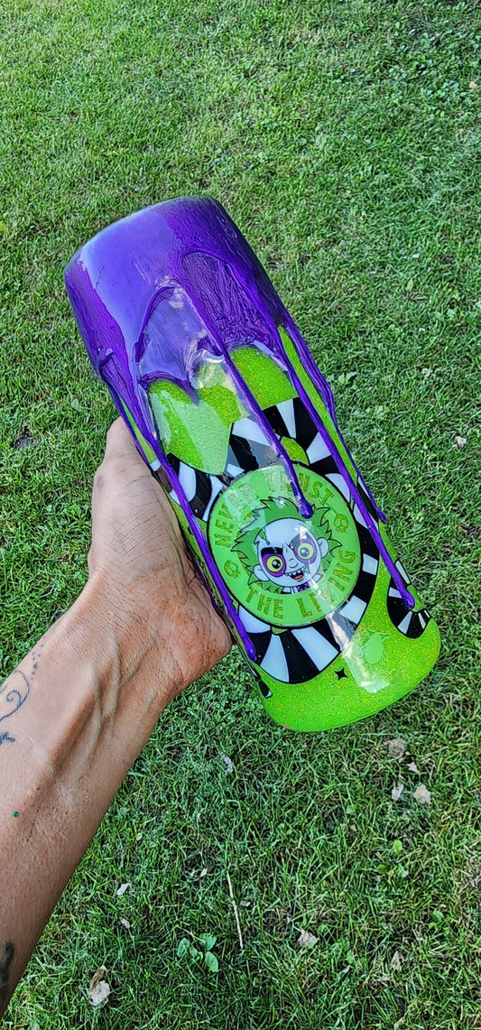 Beetlejuice Epoxy Drip Tumbler – Neon Green & Purple Creepy Cute Horror Cup | Handmade Halloween Drinkware and Spooky Movie Fan Gift