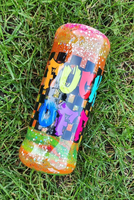 Tie-Dye Attitude Cup – Orange, Pink & Green Glitter Epoxy Tumbler | ‘Fuck Off’ Custom Drinkware