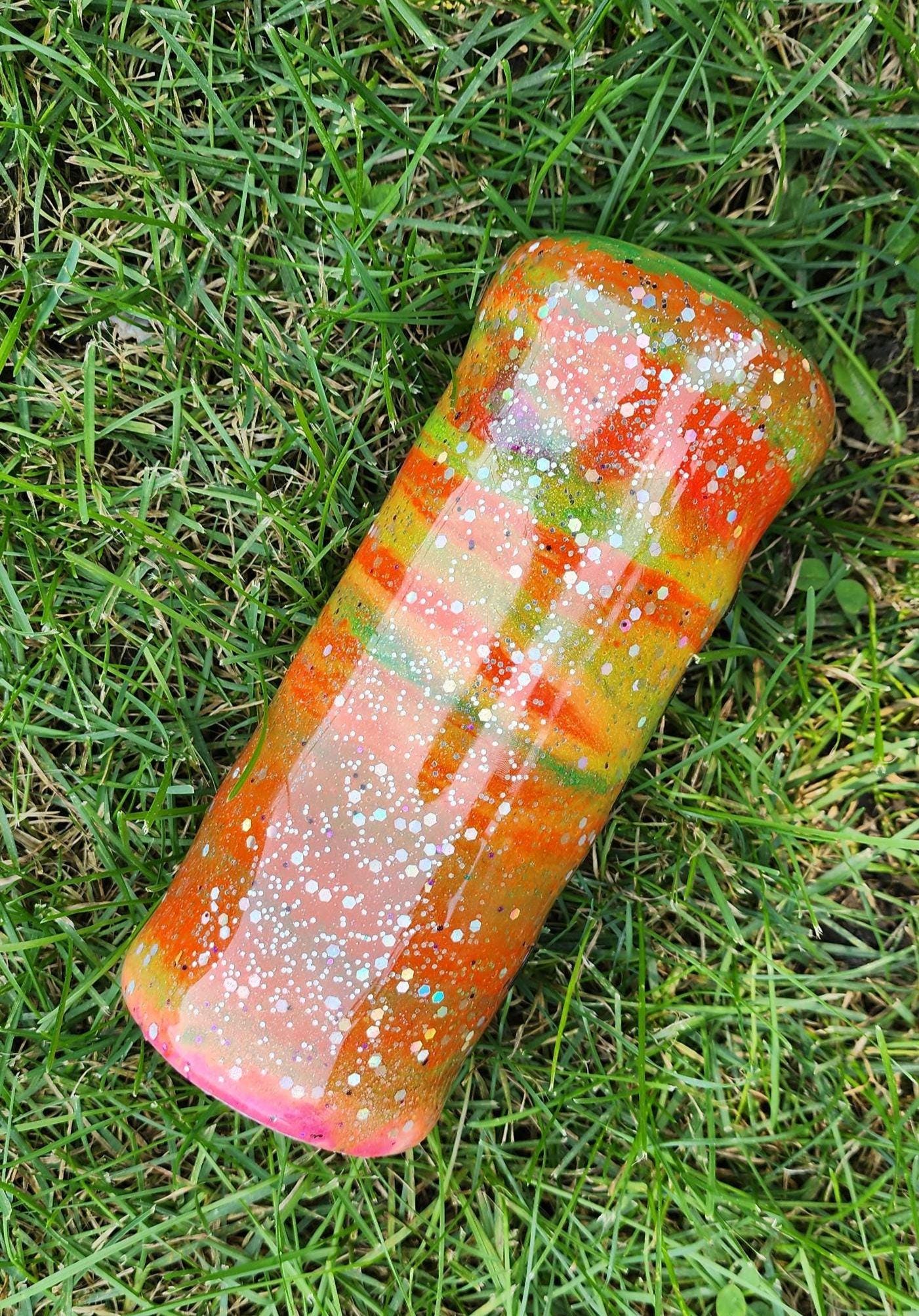 Tie-Dye Attitude Cup – Orange, Pink & Green Glitter Epoxy Tumbler | ‘Fuck Off’ Custom Drinkware