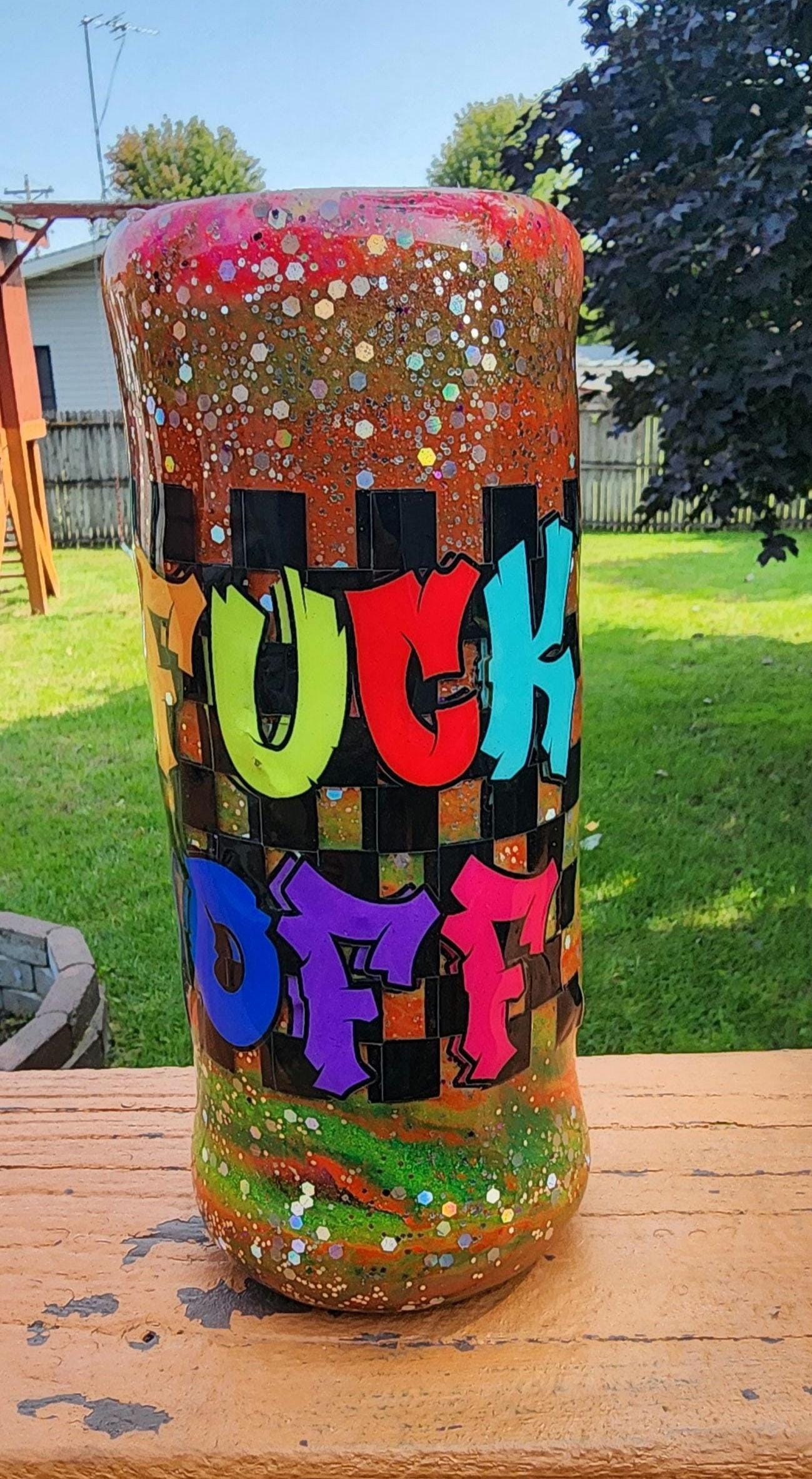 Tie-Dye Attitude Cup – Orange, Pink & Green Glitter Epoxy Tumbler | ‘Fuck Off’ Custom Drinkware