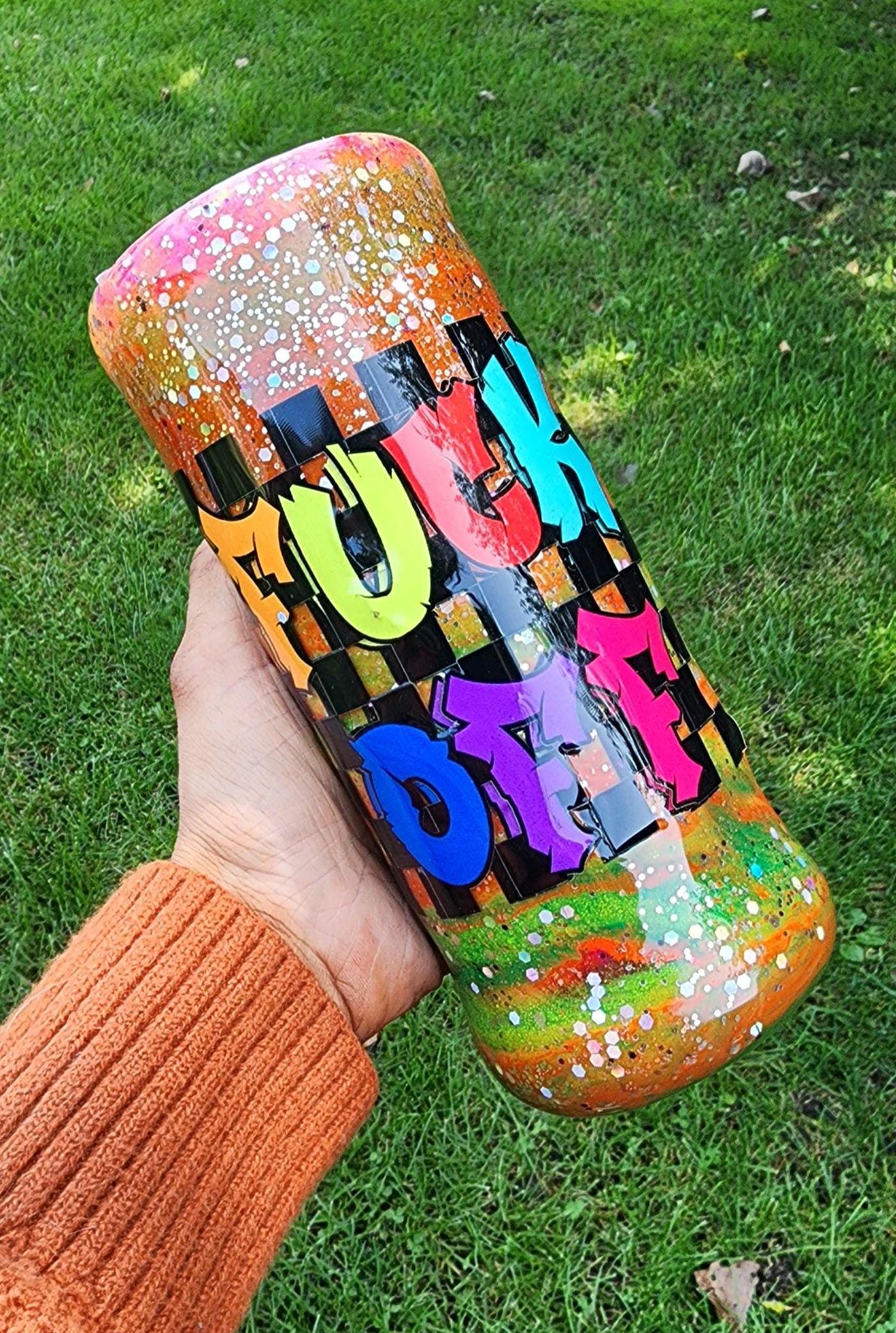 Tie-Dye Attitude Cup – Orange, Pink & Green Glitter Epoxy Tumbler | ‘Fuck Off’ Custom Drinkware