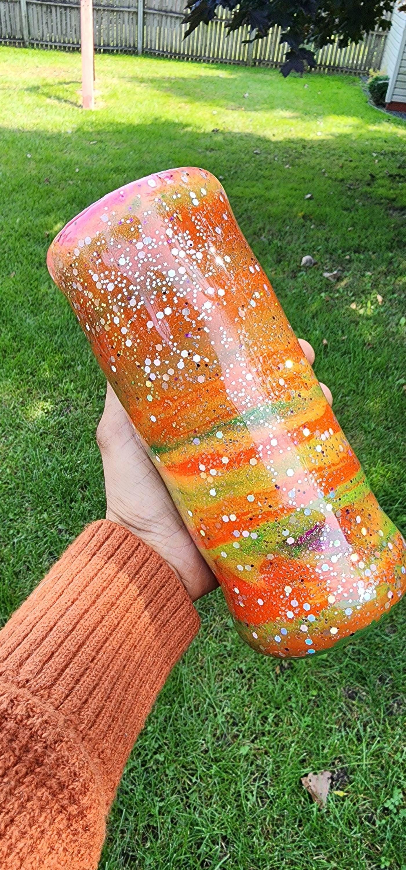 Tie-Dye Attitude Cup – Orange, Pink & Green Glitter Epoxy Tumbler | ‘Fuck Off’ Custom Drinkware