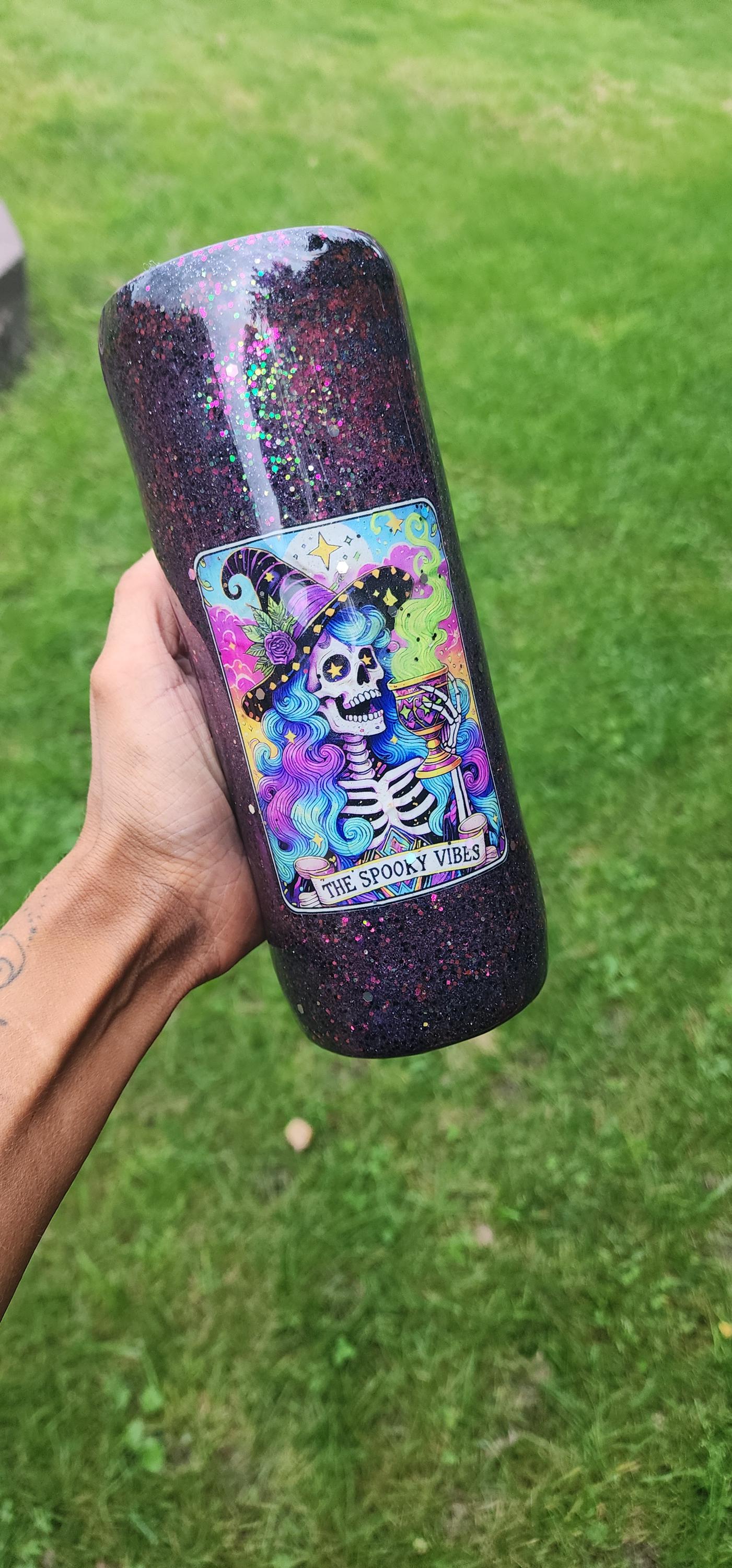 Spooky Vibes Epoxy Glitter Tumbler – Creepy Cute Halloween Cup, Witchy Gothic Stainless Steel Mug, Handmade Coffee Drinkware Gift