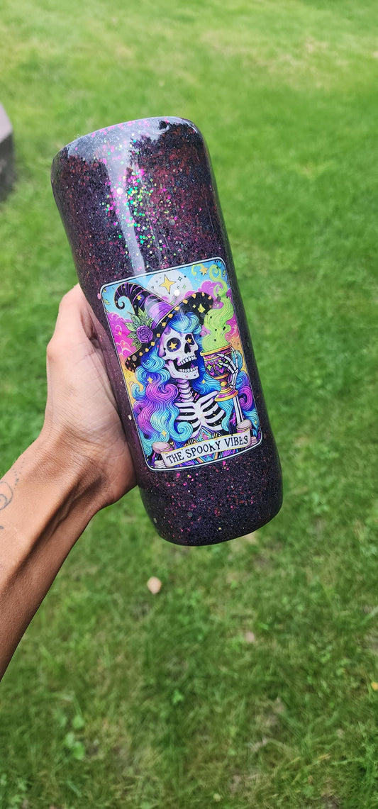 Spooky Vibes Epoxy Glitter Tumbler – Creepy Cute Halloween Cup, Witchy Gothic Stainless Steel Mug, Handmade Coffee Drinkware Gift