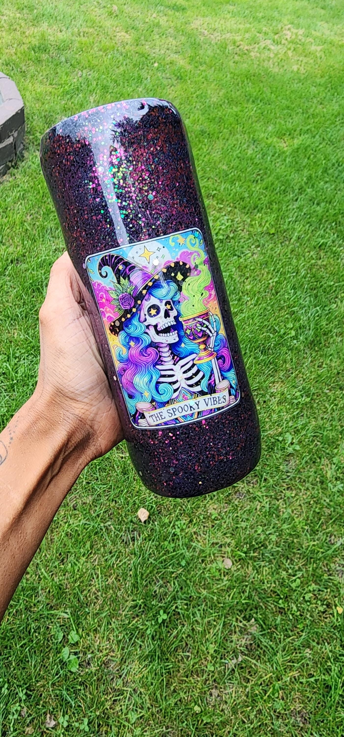 Spooky Vibes Epoxy Glitter Tumbler – Creepy Cute Halloween Cup, Witchy Gothic Stainless Steel Mug, Handmade Coffee Drinkware Gift