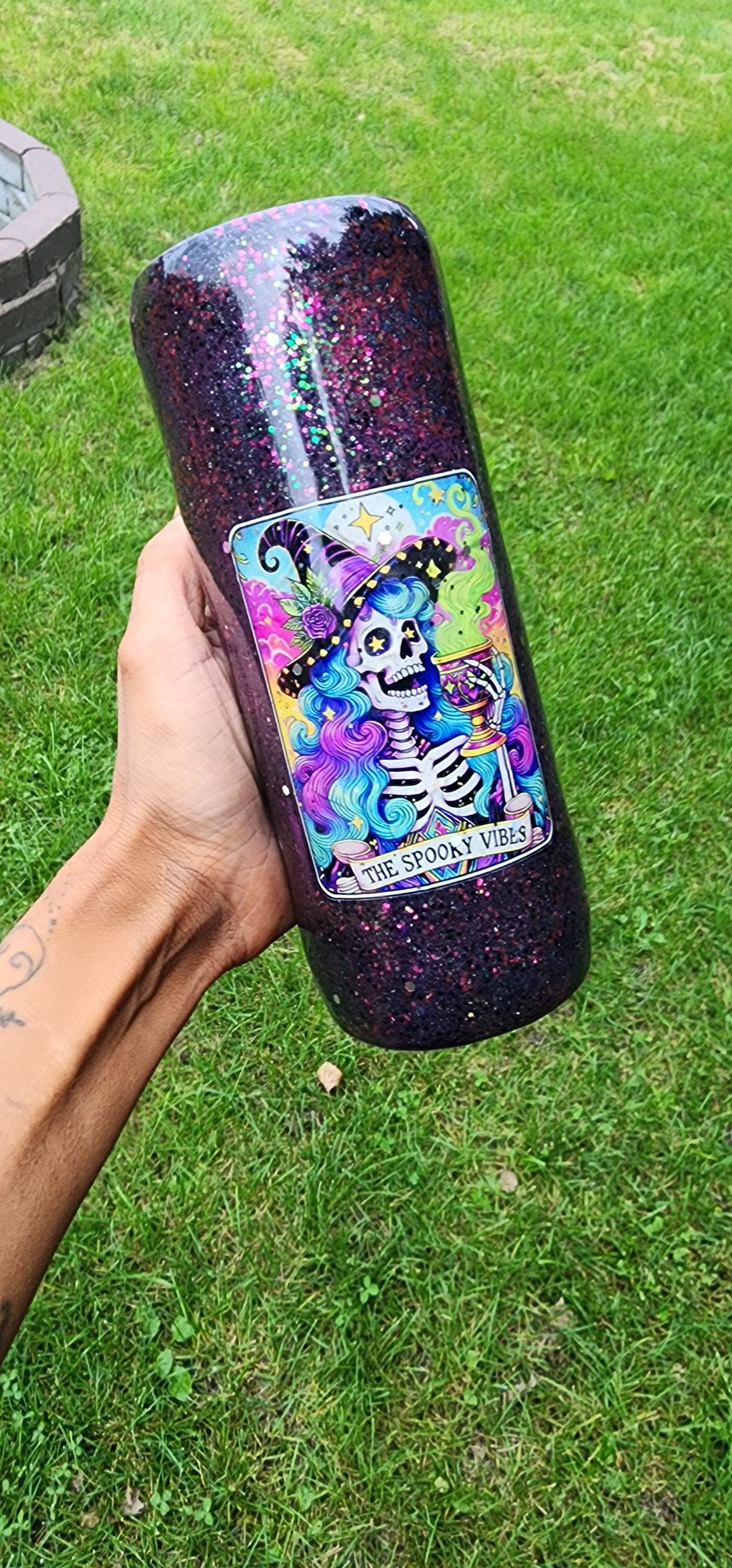 Spooky Vibes Epoxy Glitter Tumbler – Creepy Cute Halloween Cup, Witchy Gothic Stainless Steel Mug, Handmade Coffee Drinkware Gift