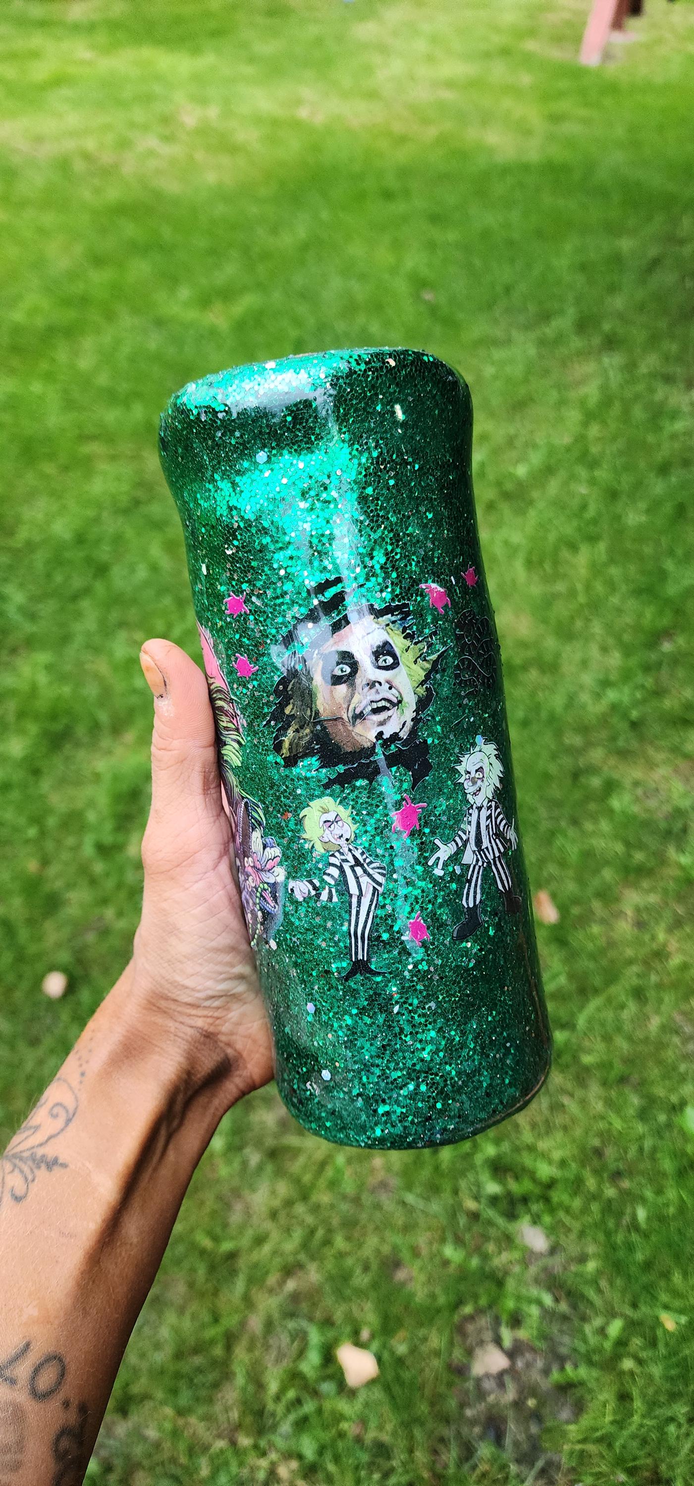 Beetlejuice Tumbler: Neon Green Glitter Drip, Spooky Stainless Steel Cup