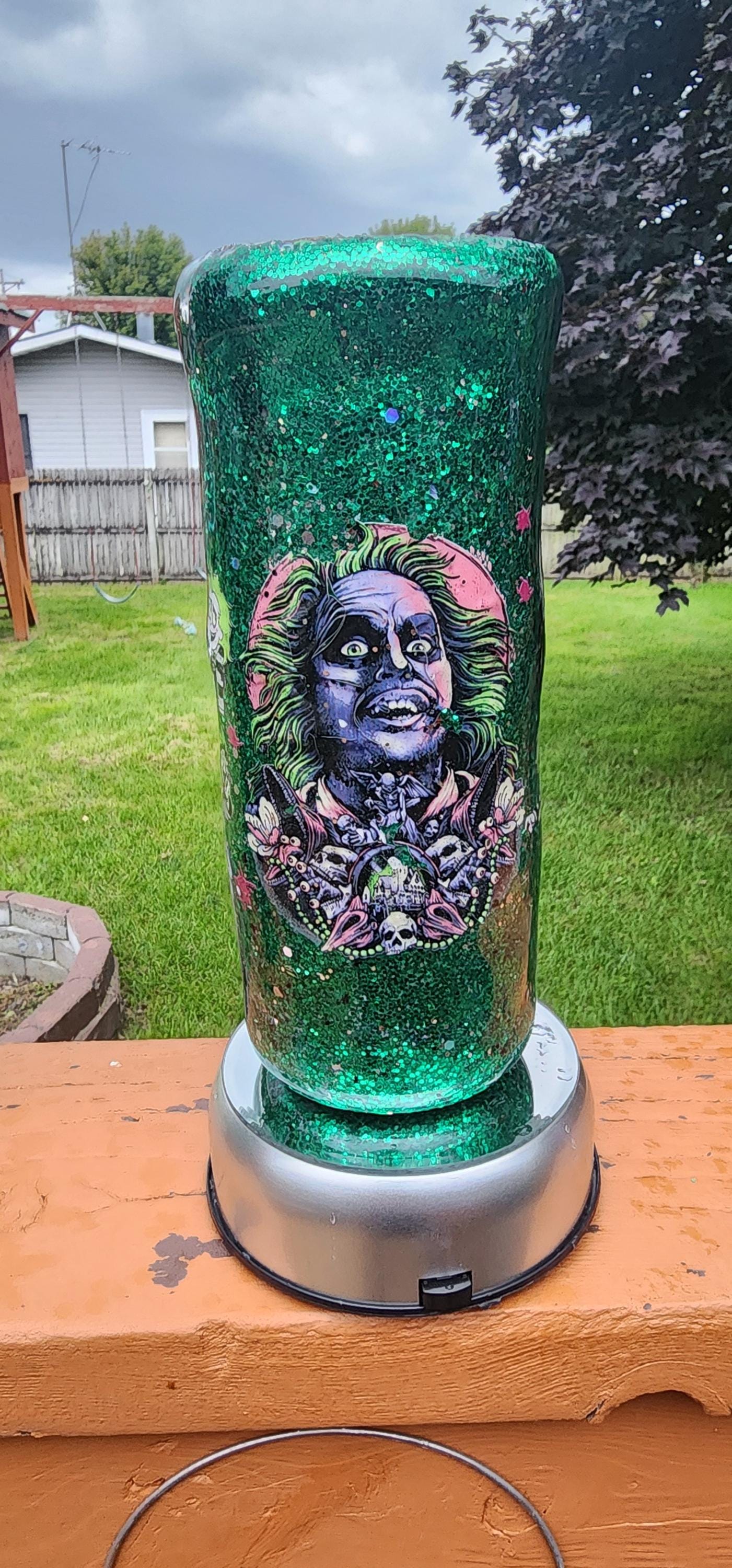 Beetlejuice Tumbler: Neon Green Glitter Drip, Spooky Stainless Steel Cup