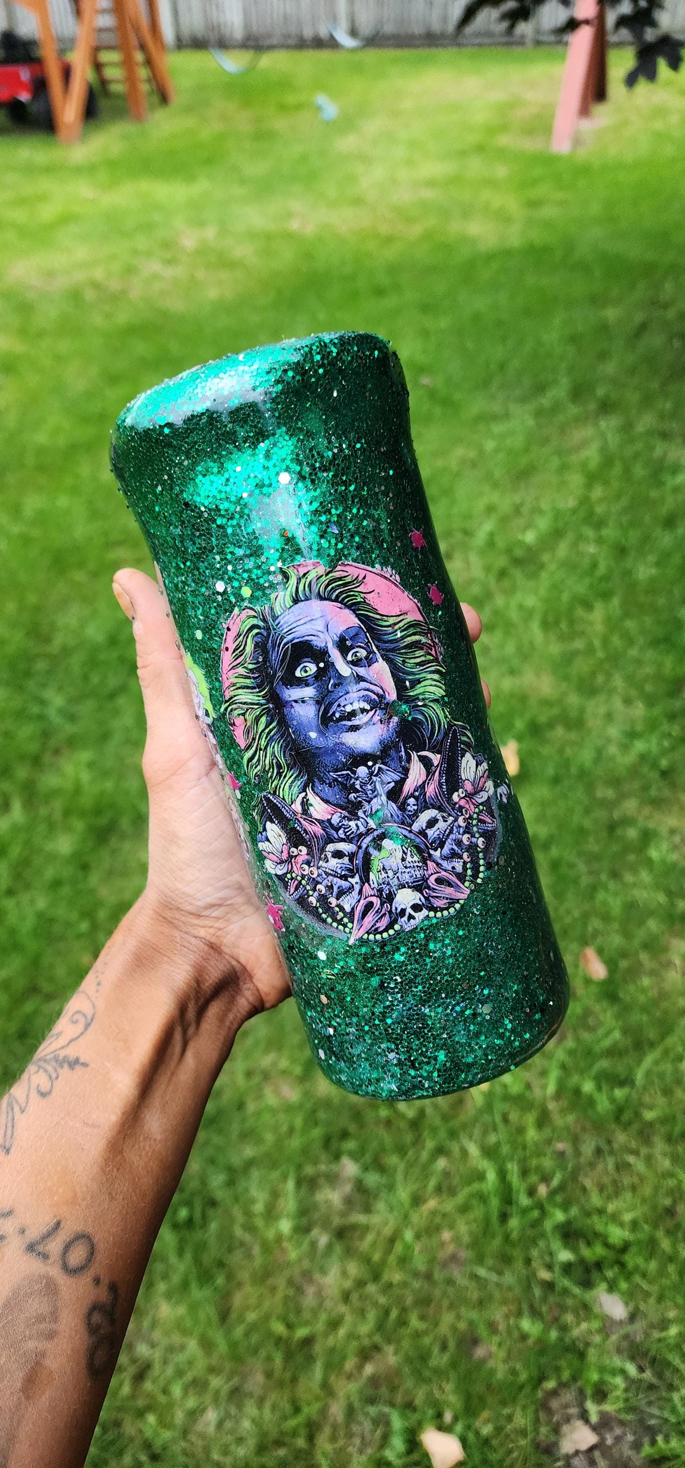 Beetlejuice Tumbler: Neon Green Glitter Drip, Spooky Stainless Steel Cup