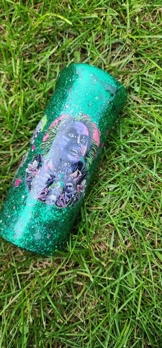 Beetlejuice Tumbler: Neon Green Glitter Drip, Spooky Stainless Steel Cup