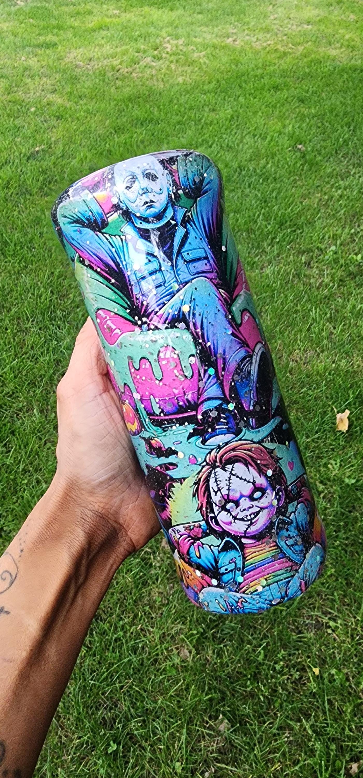 Neon Summerween Horror Epoxy Drip Tumbler – Spooky Glow-in-the-Dark Stainless Steel Cup, Creepy-Cute Movie-Inspired Drinkware