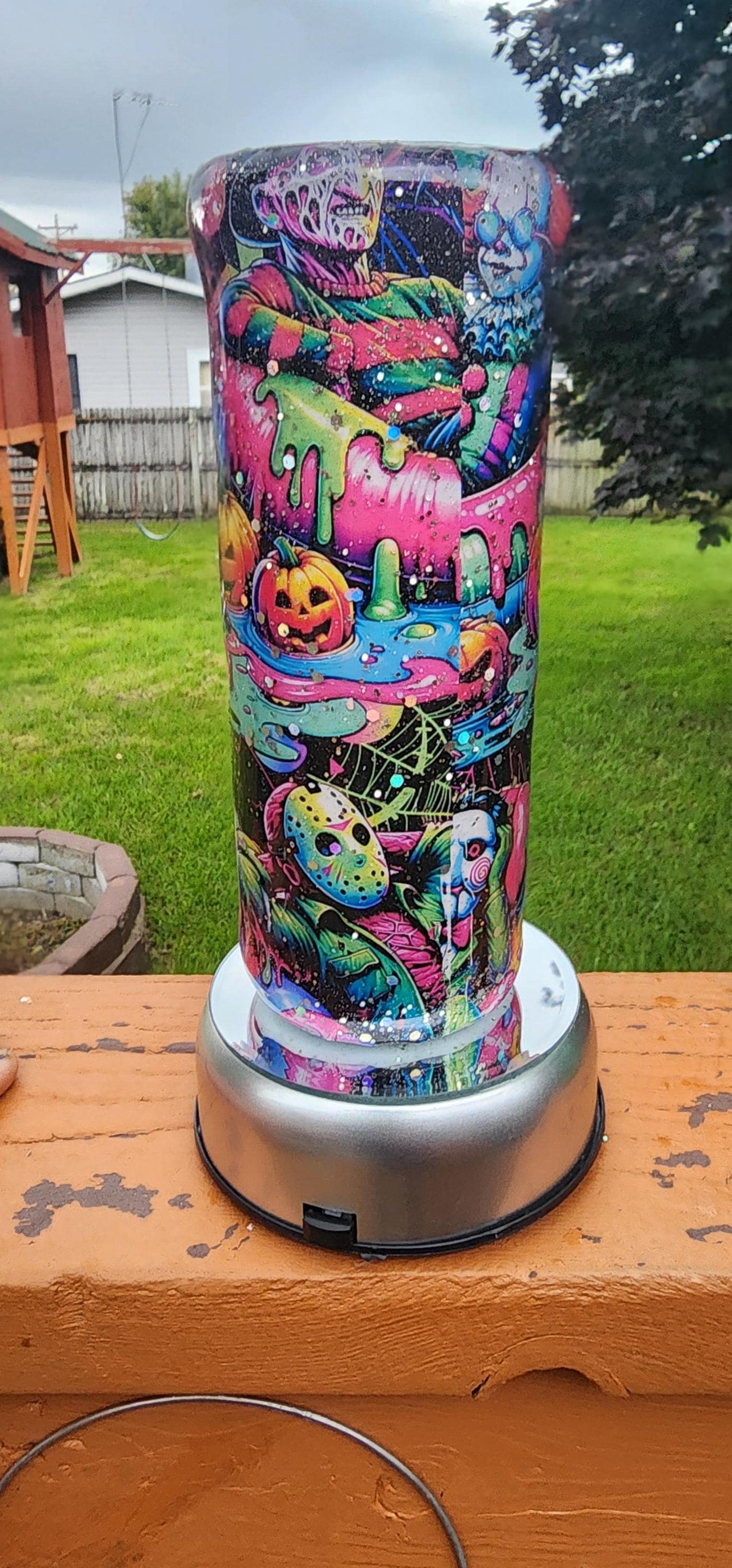 Neon Summerween Horror Epoxy Drip Tumbler – Spooky Glow-in-the-Dark Stainless Steel Cup, Creepy-Cute Movie-Inspired Drinkware