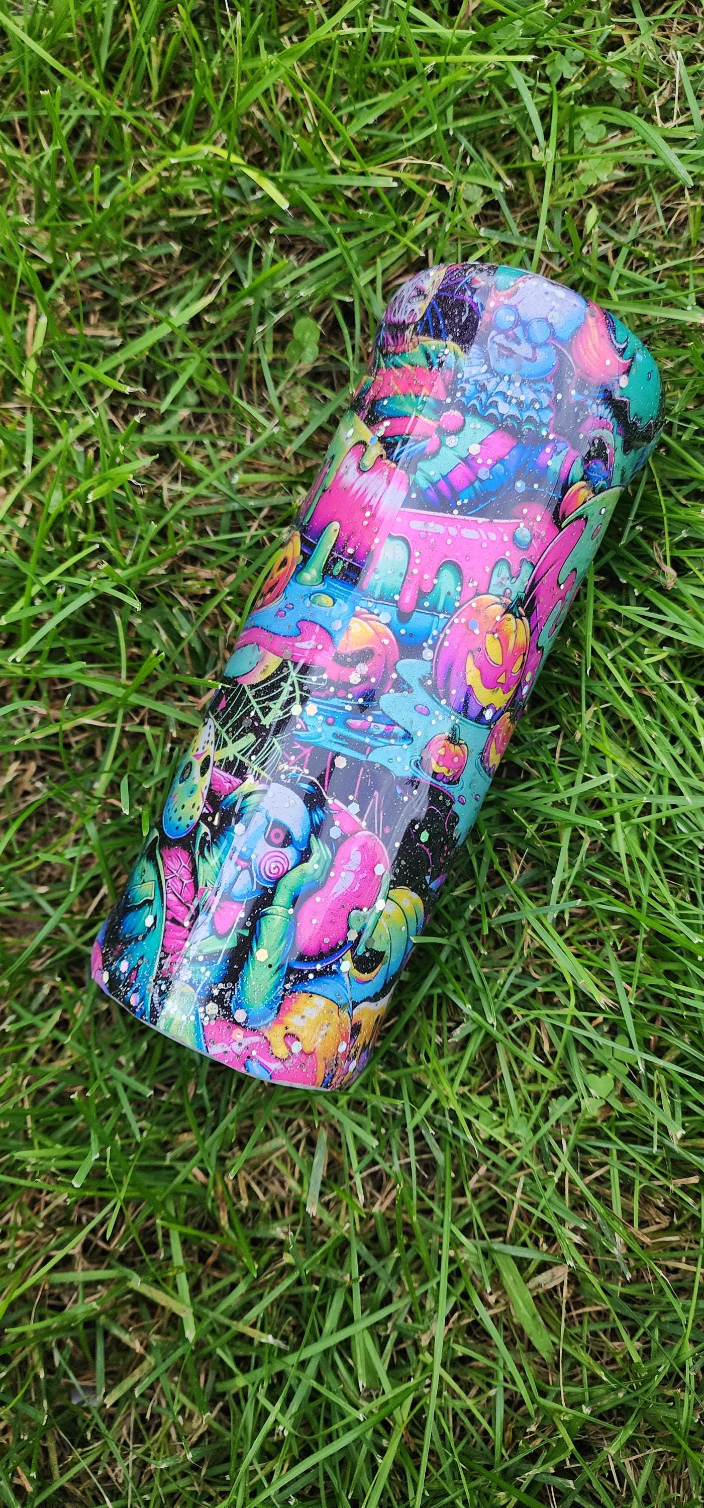 Neon Summerween Horror Epoxy Drip Tumbler – Spooky Glow-in-the-Dark Stainless Steel Cup, Creepy-Cute Movie-Inspired Drinkware