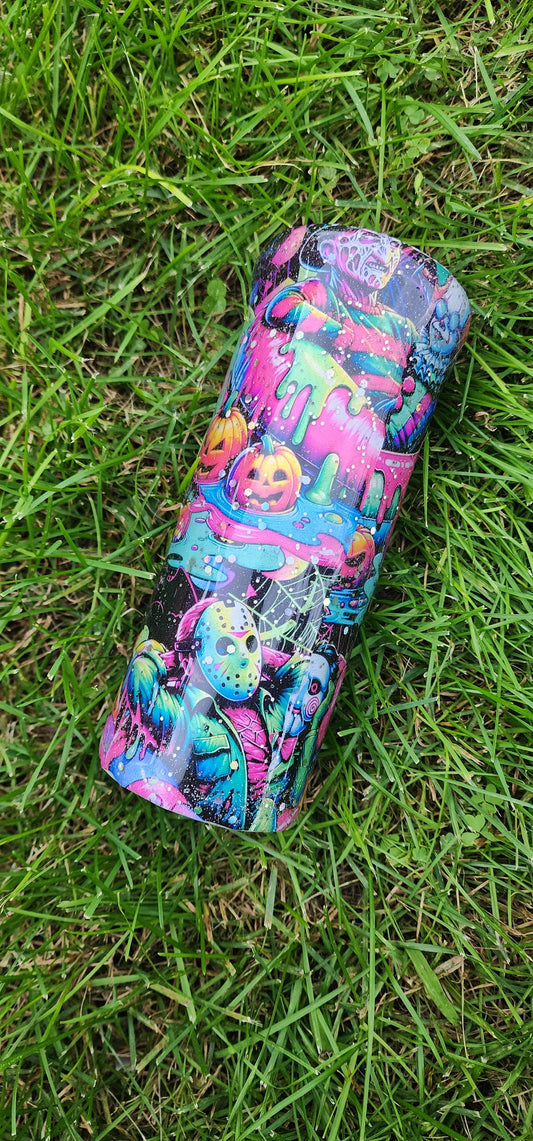 Neon Summerween Horror Epoxy Drip Tumbler – Spooky Glow-in-the-Dark Stainless Steel Cup, Creepy-Cute Movie-Inspired Drinkware