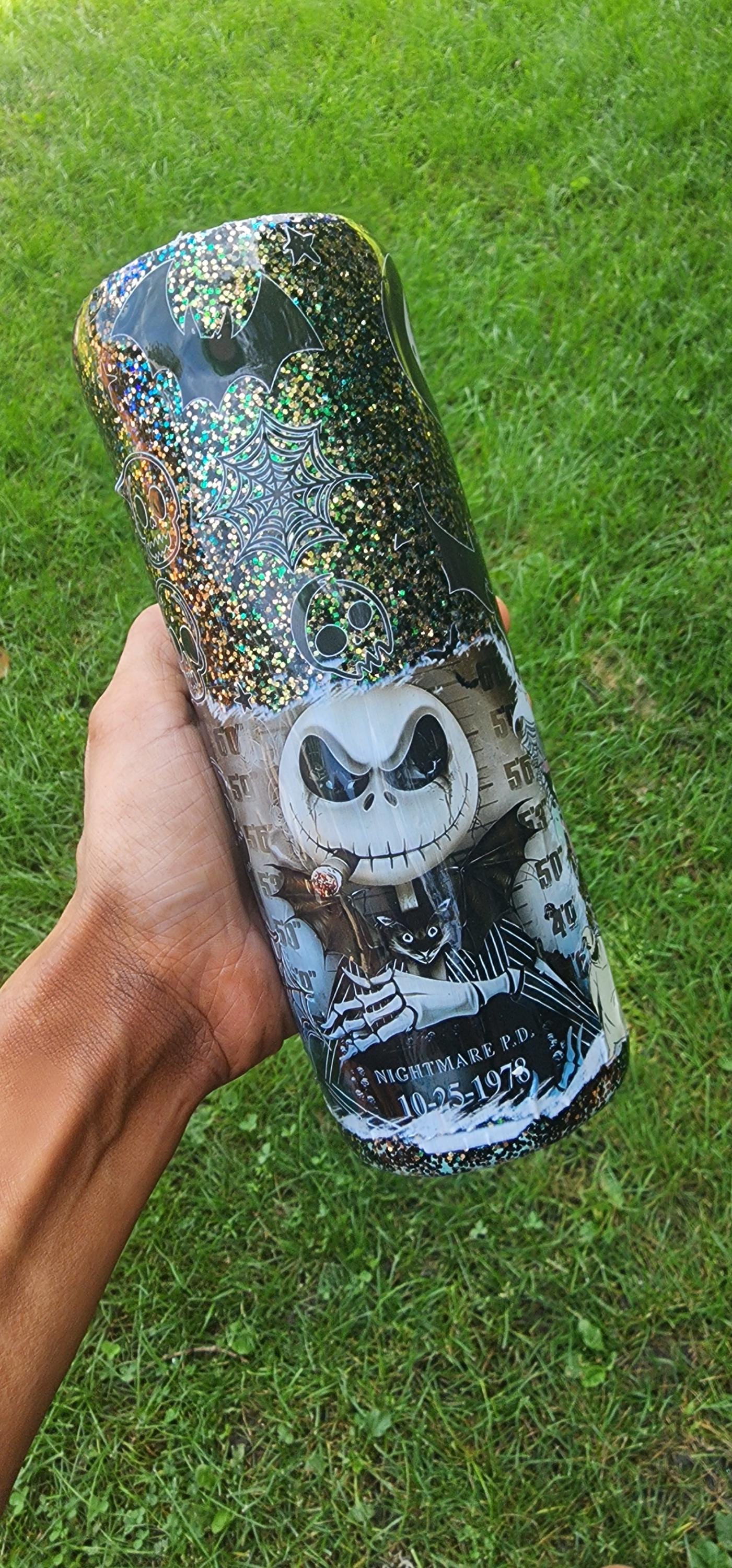 Jack & Sally Mugshot Tumbler: Spooky Glitter Nightmare Before Christmas Cup