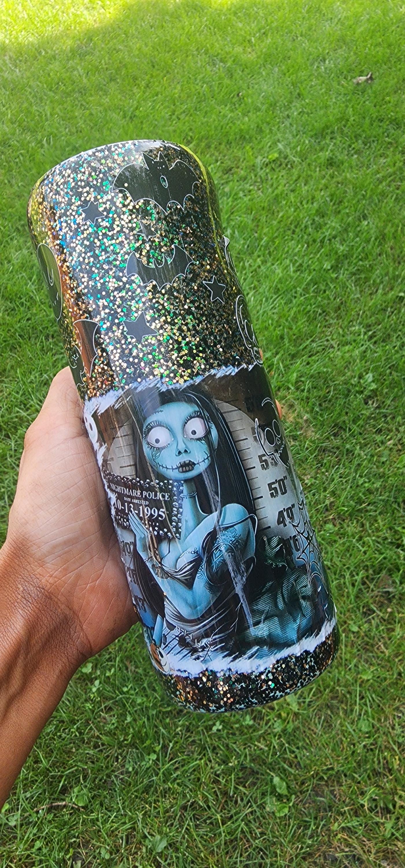 Jack & Sally Mugshot Tumbler: Spooky Glitter Nightmare Before Christmas Cup