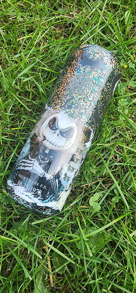 Jack & Sally Mugshot Tumbler: Spooky Glitter Nightmare Before Christmas Cup
