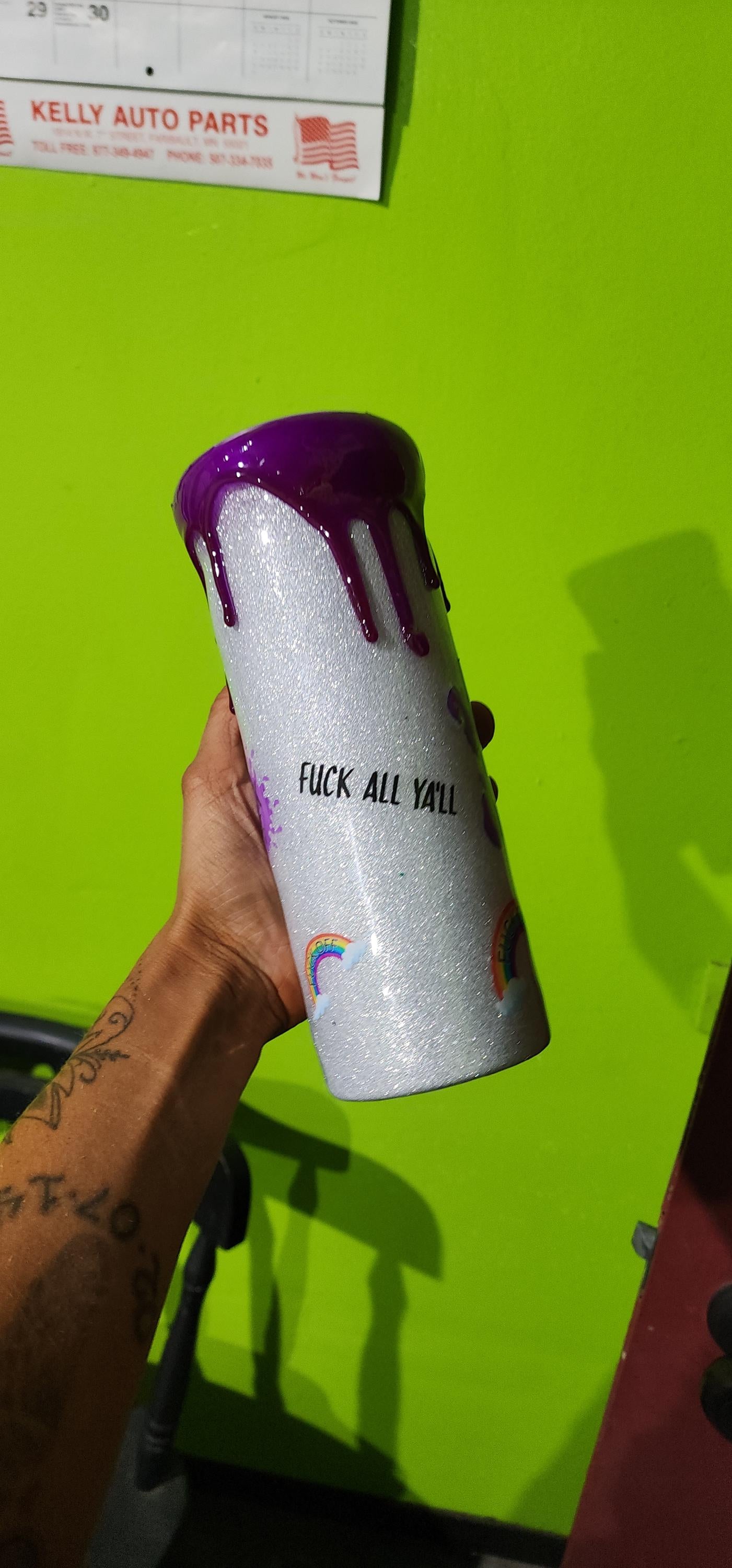 Purple Swear Bear Epoxy Tumbler: Snarky Glitter "Fuck Off" Cup