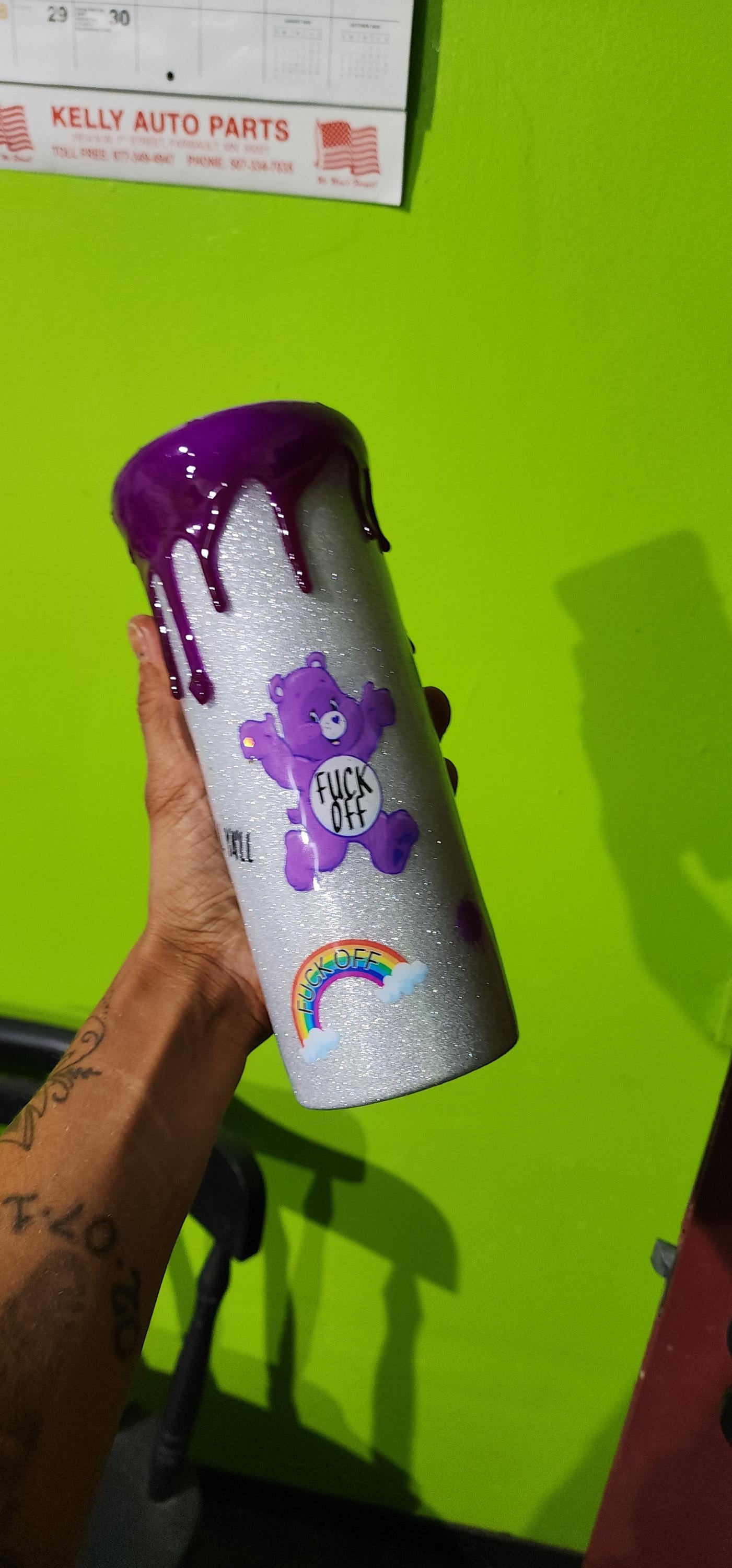 Purple Swear Bear Epoxy Tumbler: Snarky Glitter "Fuck Off" Cup