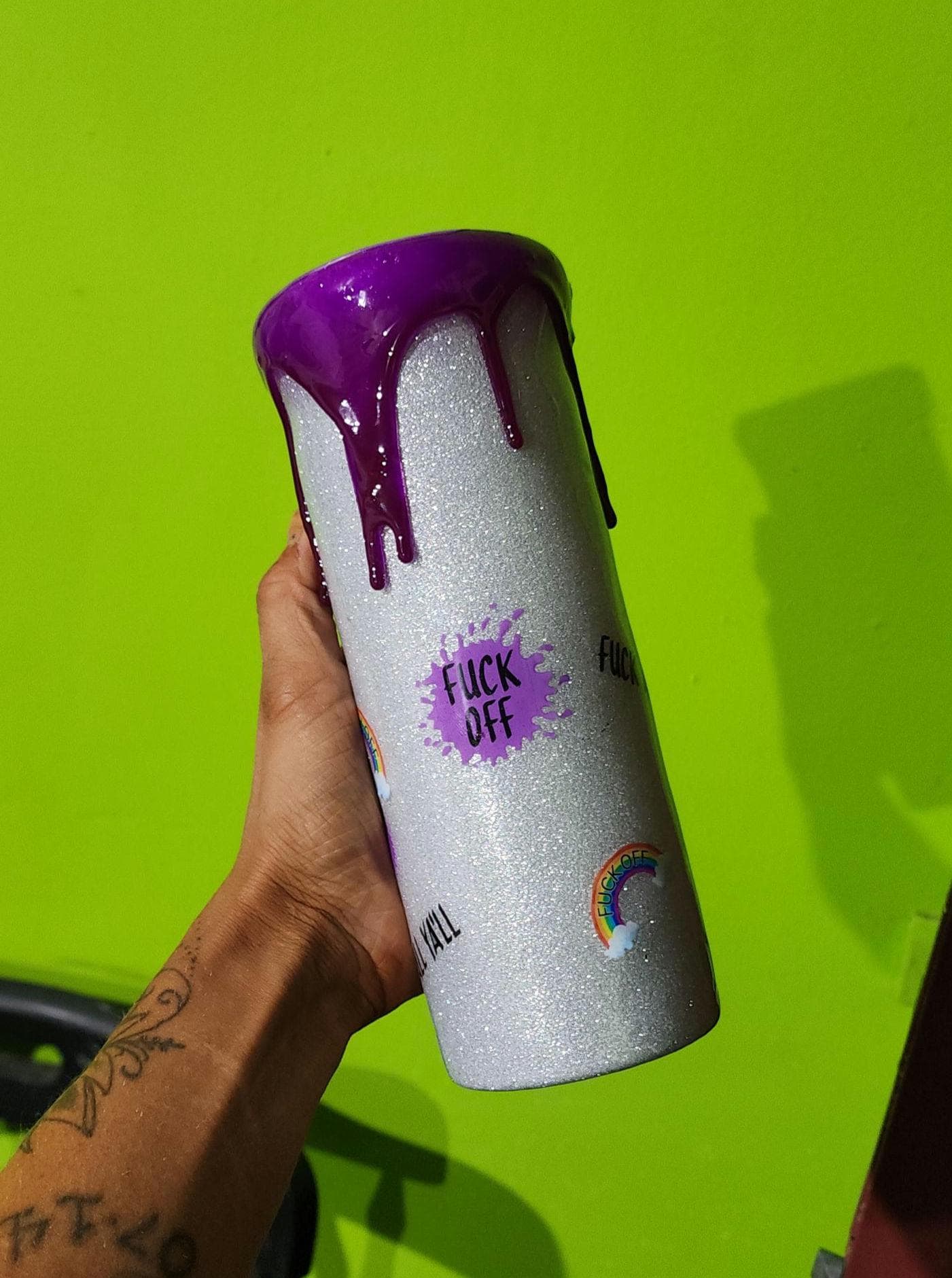 Purple Swear Bear Epoxy Tumbler: Snarky Glitter "Fuck Off" Cup