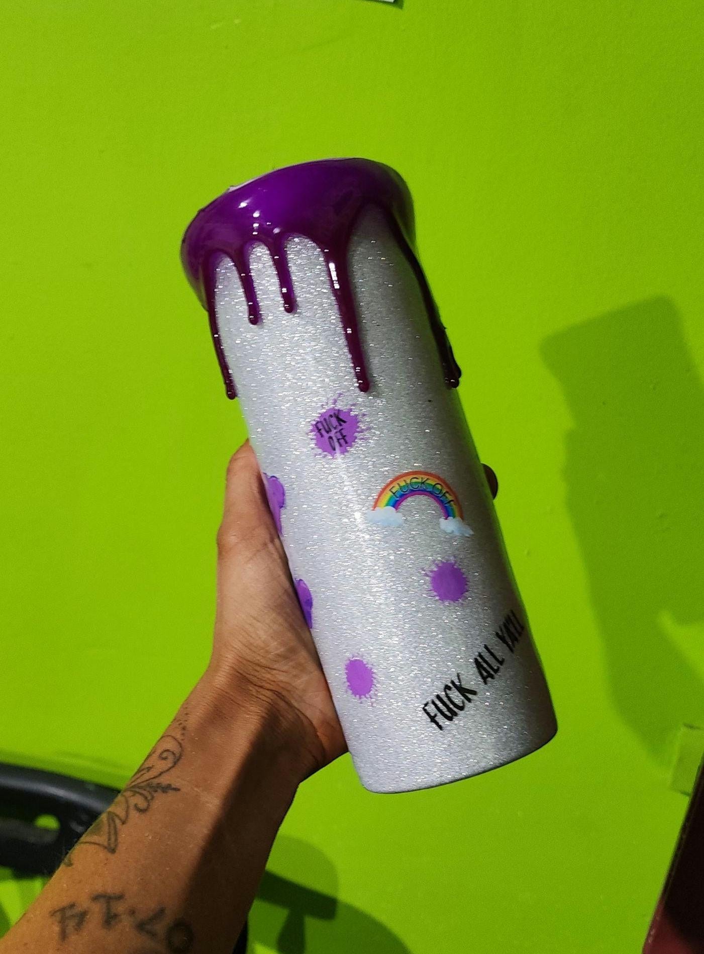 Purple Swear Bear Epoxy Tumbler: Snarky Glitter "Fuck Off" Cup