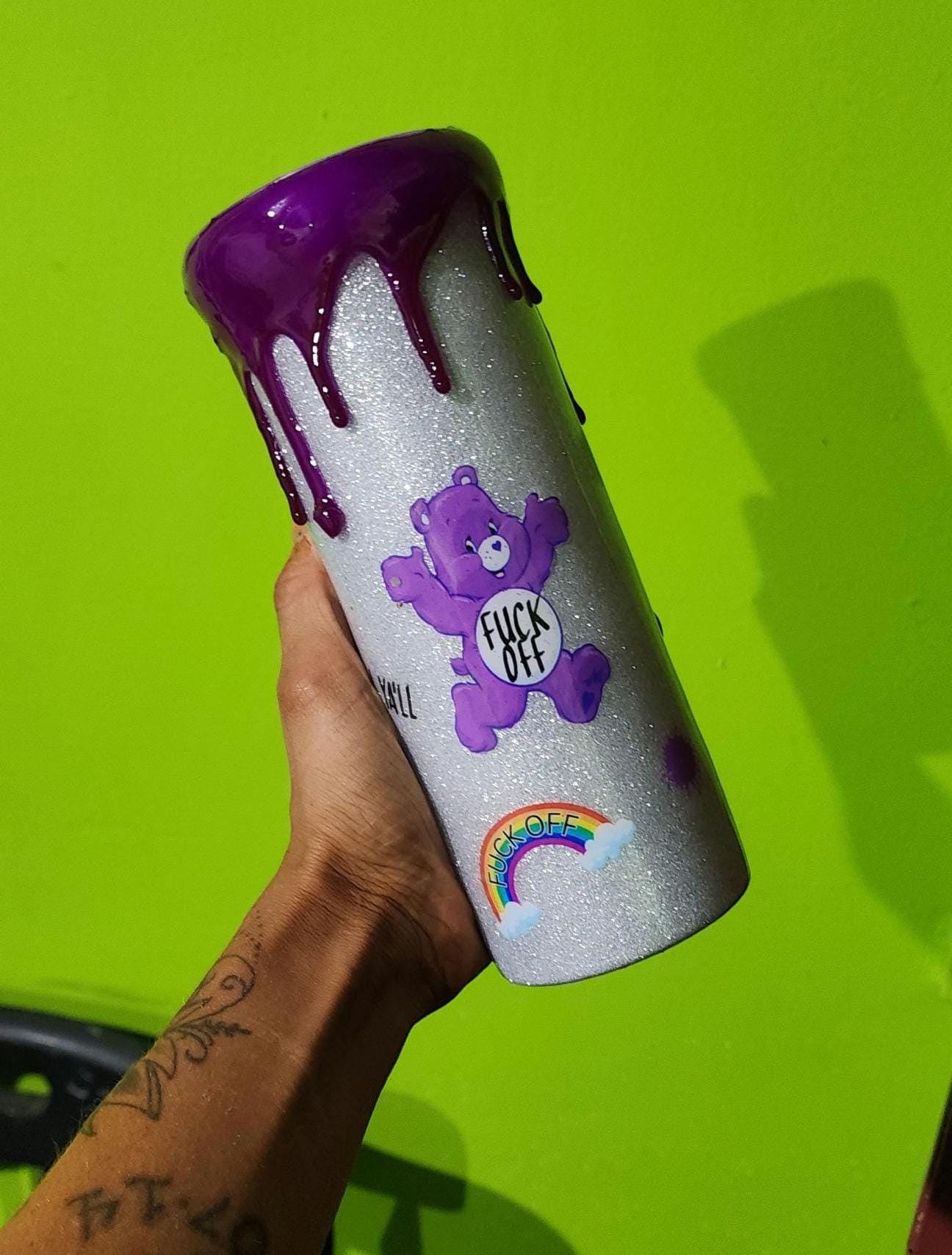 Purple Swear Bear Epoxy Tumbler: Snarky Glitter "Fuck Off" Cup